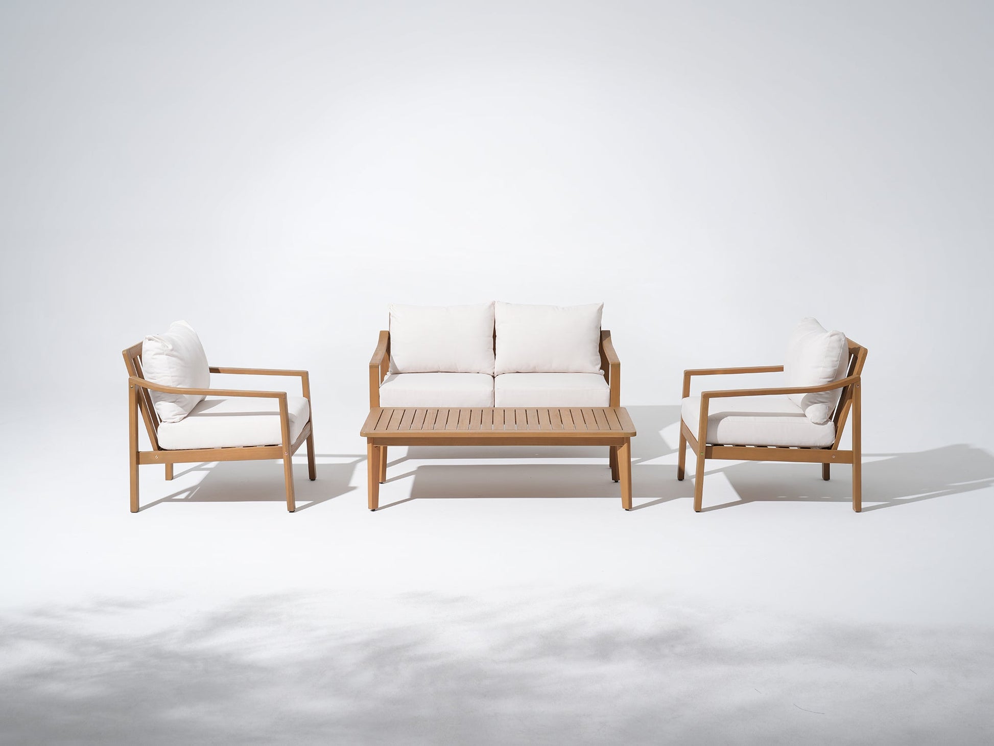 Noto Outdoor furniture set with wooden frames and white cushions- Sunsitt Modern Premium Patio Outdoor Furniture