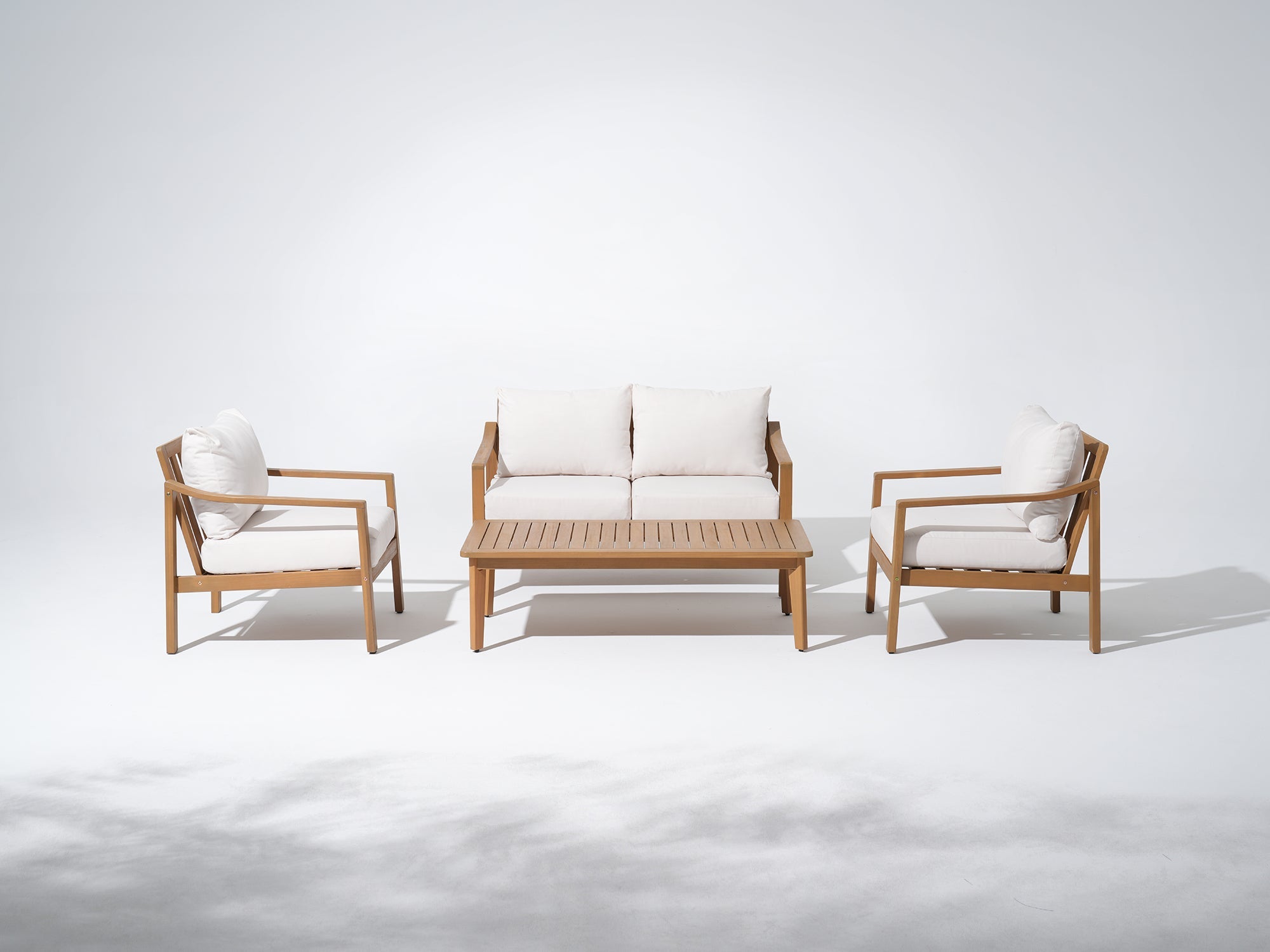 Noto Outdoor furniture set with wooden frames and white cushions- Sunsitt Modern Premium Patio Outdoor Furniture