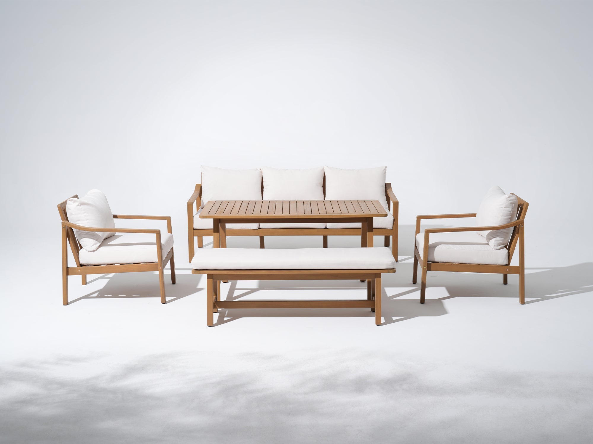 Noto 5-Piece White Wooden Outdoor Conversation Set with Bench and dining table- SUNSITT Modern Premium Patio Outdoor Furniture#Color_White