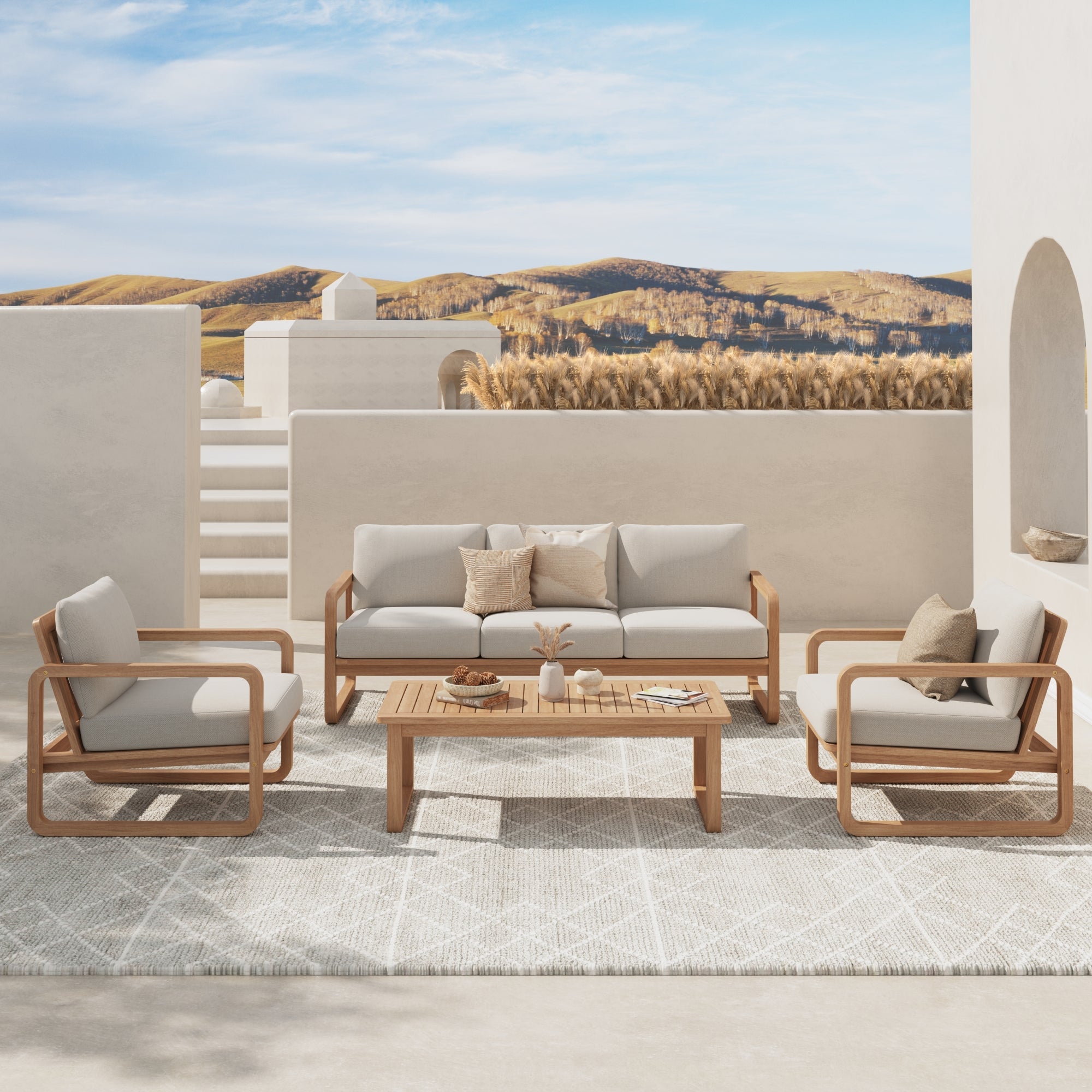 Noto 4-Piece Wood Outdoor Sofa Set with Linen Cushions