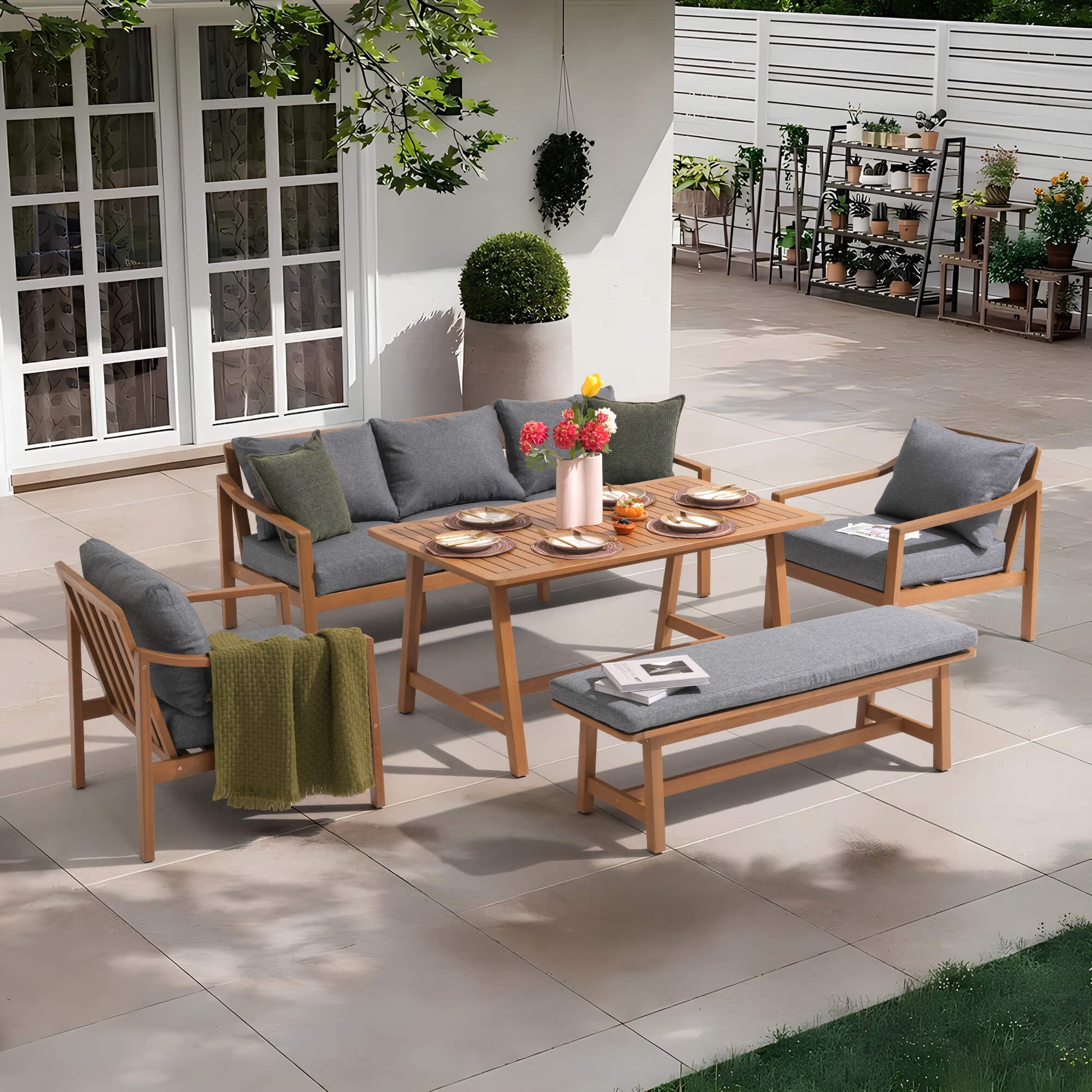Noto 5-Piece Gray Wooden Outdoor Conversation Set with Bench and large dining table- SUNSITT Modern Premium Patio Outdoor Furniture#Color_Grey