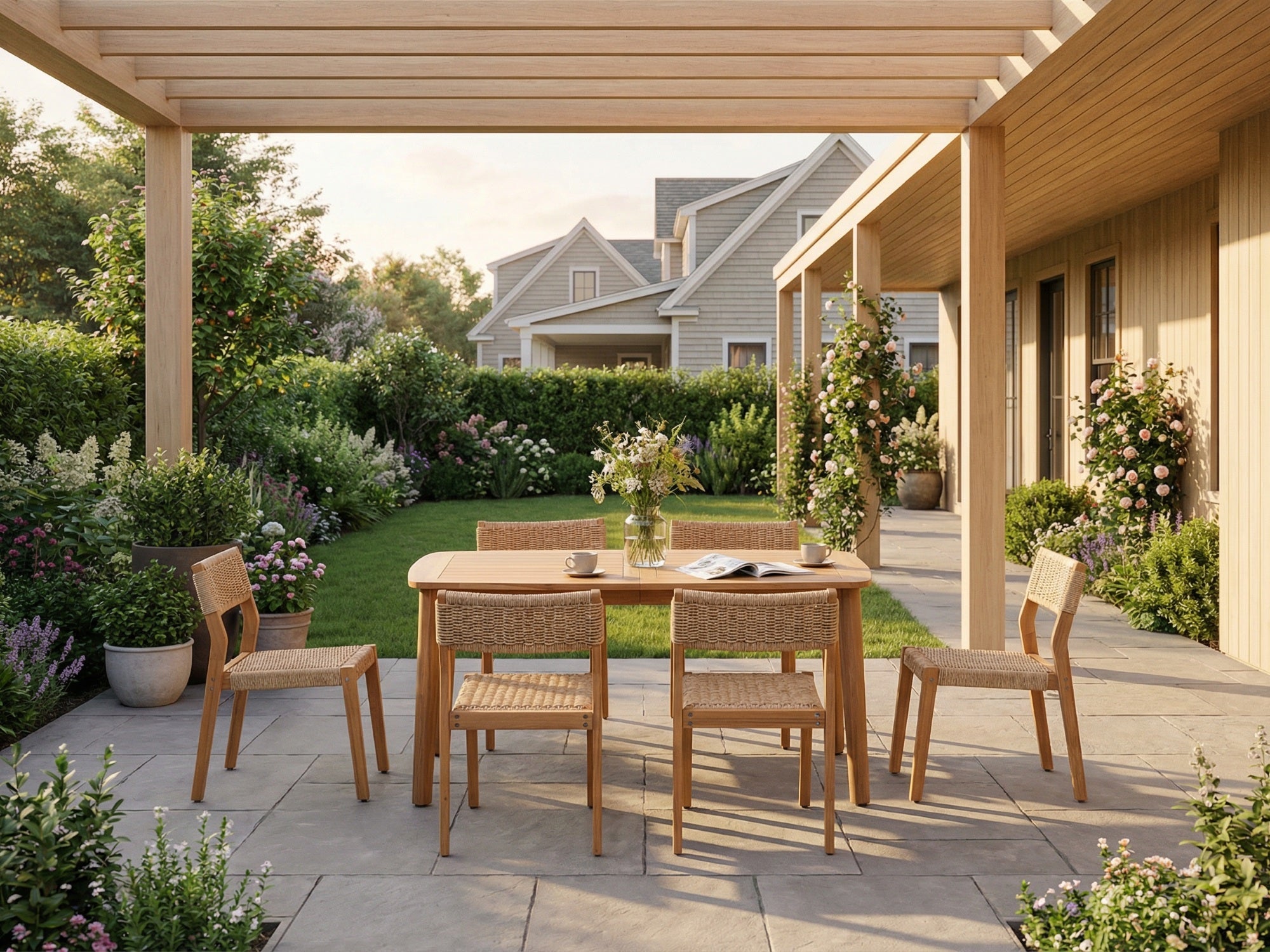 Nalia Outdoor Wood Dining Set with Armless Design, Umbrella Hole, 63" Tapered Legs