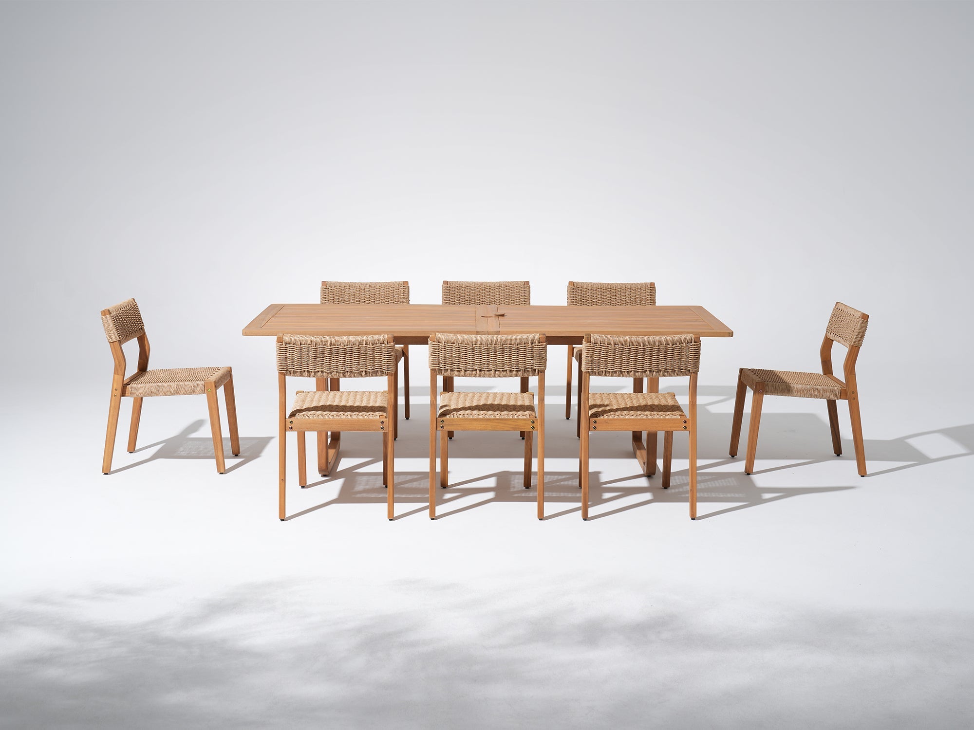 Nalia Outdoor Wooden Dining Set with Armless Design for 8 People, Umbrella Hole, 90.6"U-Legs