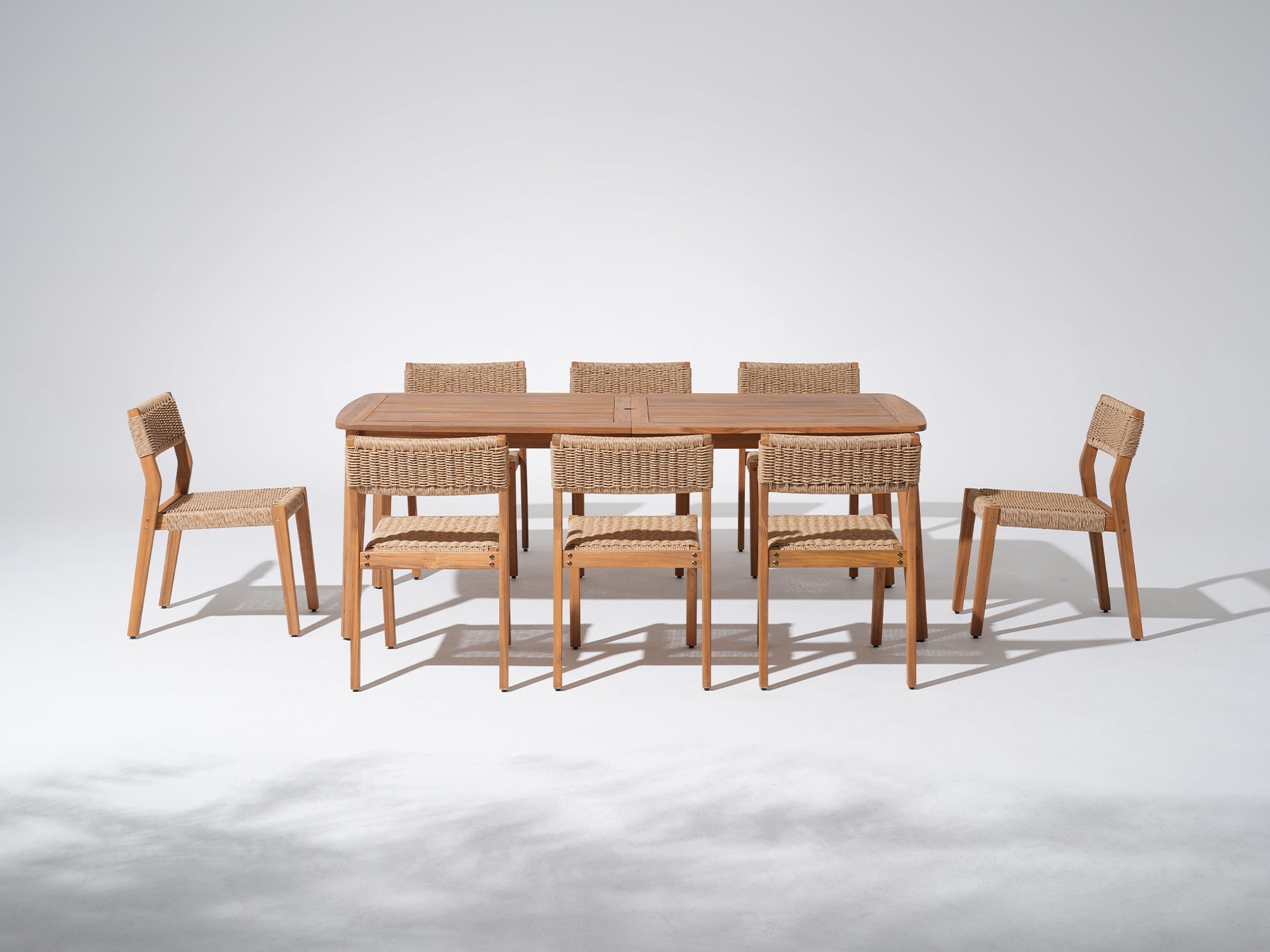 Nalia Outdoor Wood Dining Set with 8 Chairs, Armless Design, Umbrella Hole, 83" Tapered Legs