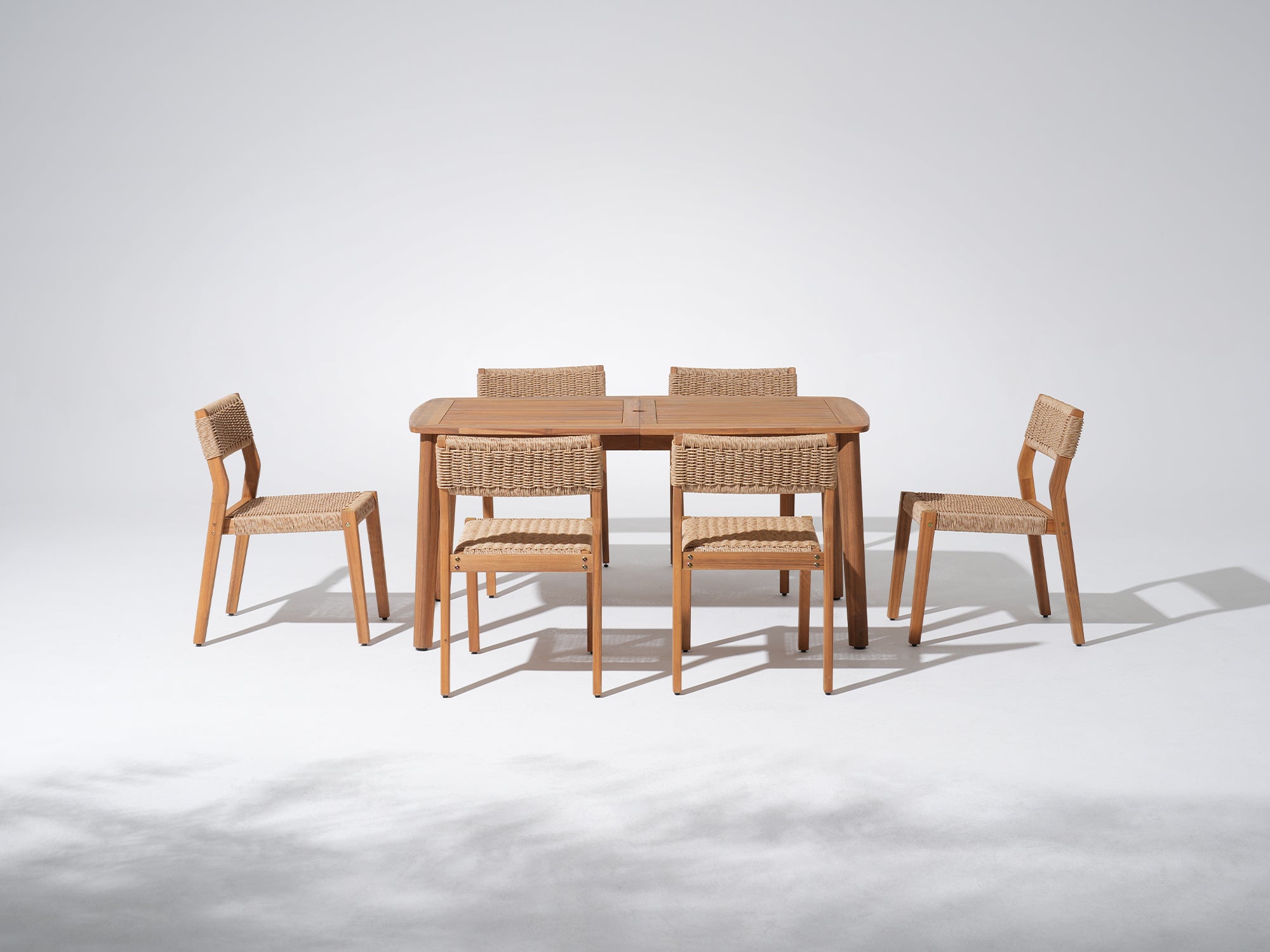 Nalia Outdoor Wood Dining Set with Armless Design, Umbrella Hole, 63" Tapered Legs