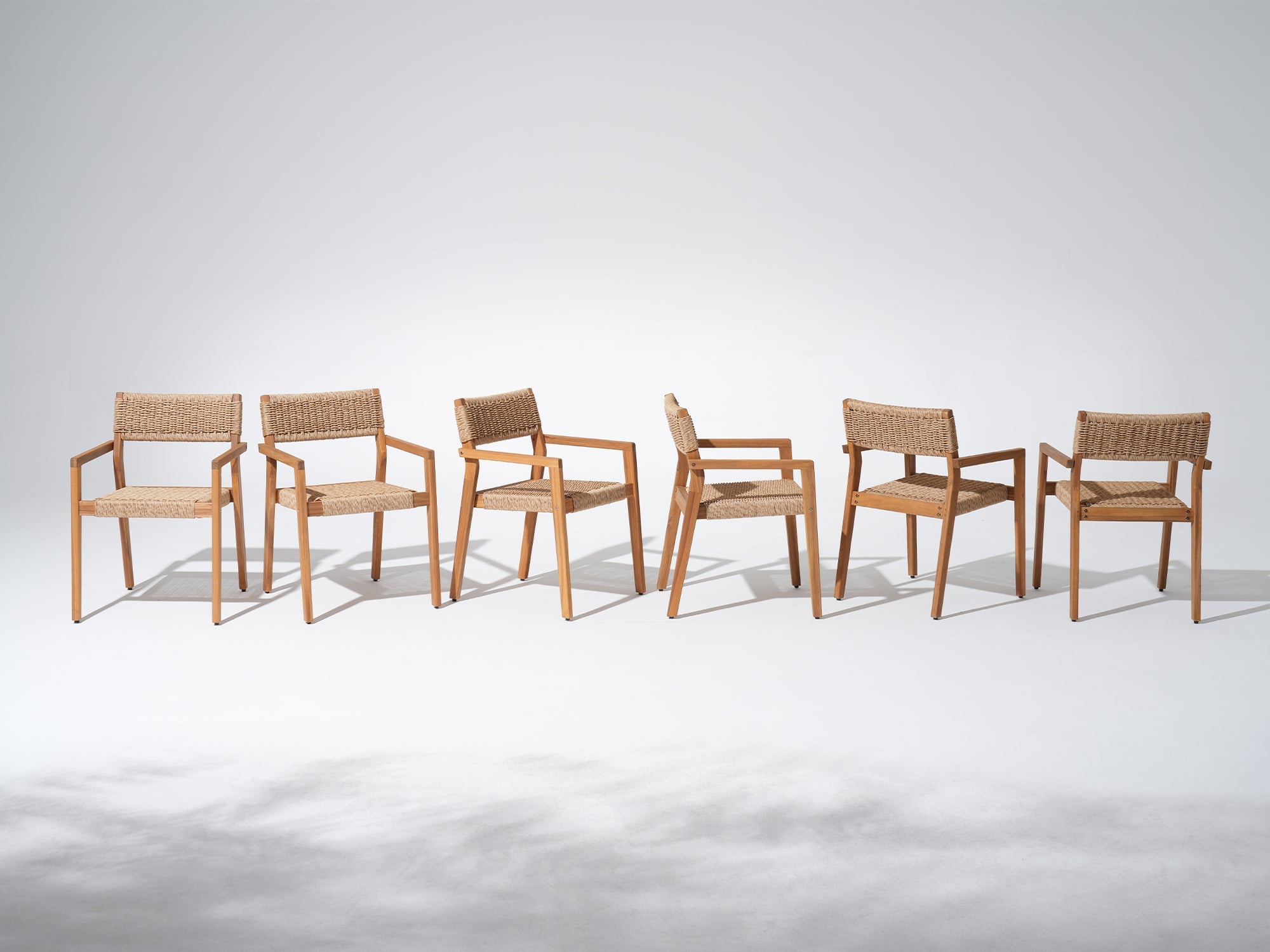 Nalia Outdoor Wood Dining Set with Ratten Arm Chairs, Umbrella Hole Design, 83" Tapered Legs