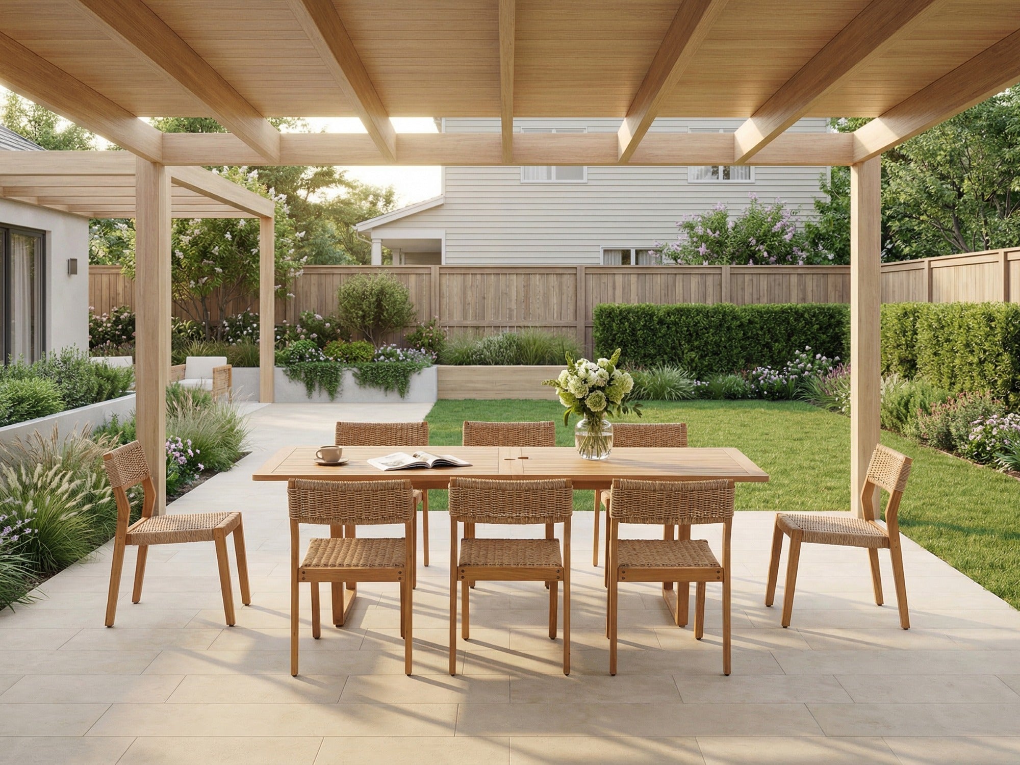 Nalia Outdoor Wooden Dining Set with Armless Design for 8 People, Umbrella Hole, 90.6"U-Legs