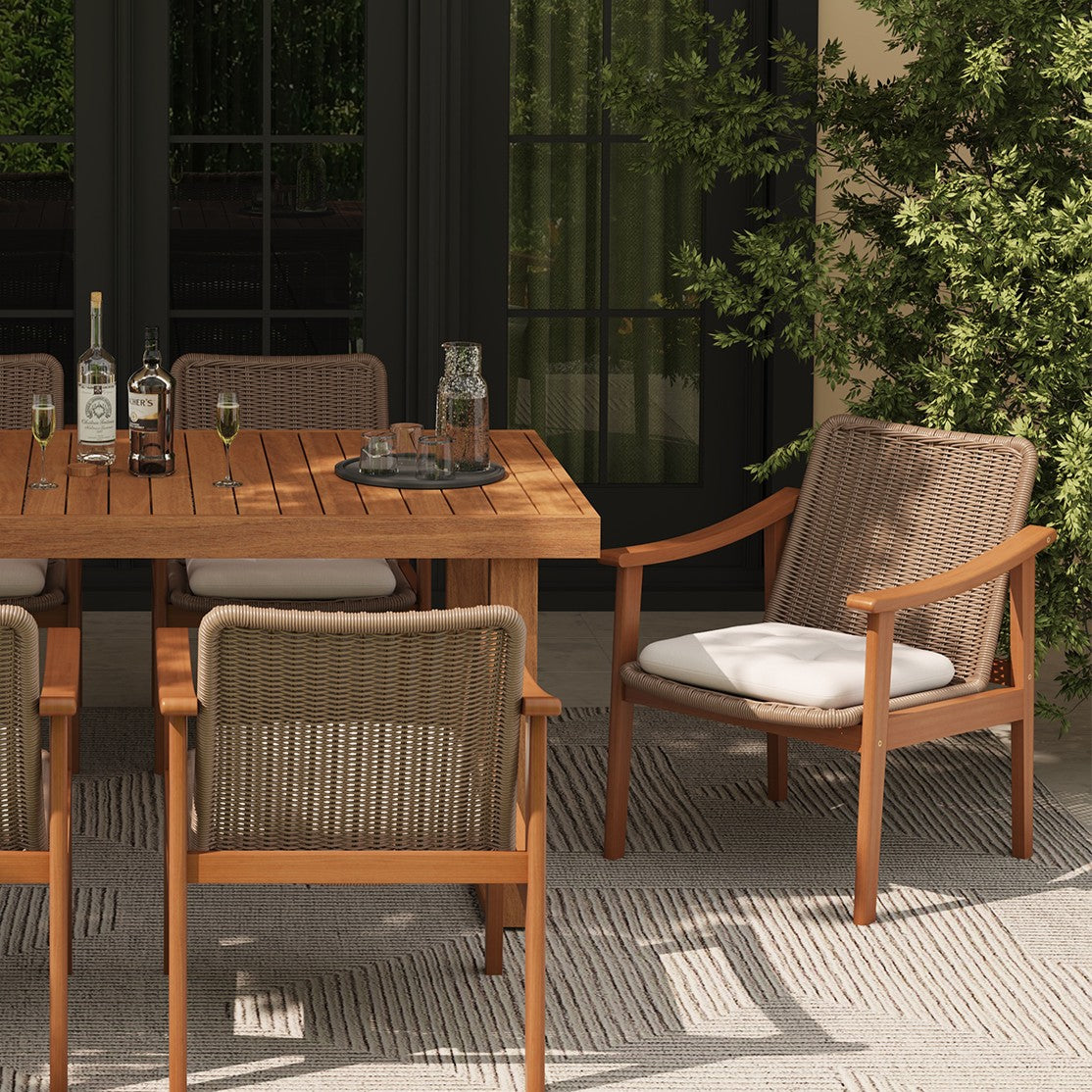 Nalia Wood Outdoor Dining Chairs, Handwoven Rattan Design.Set of 2/4