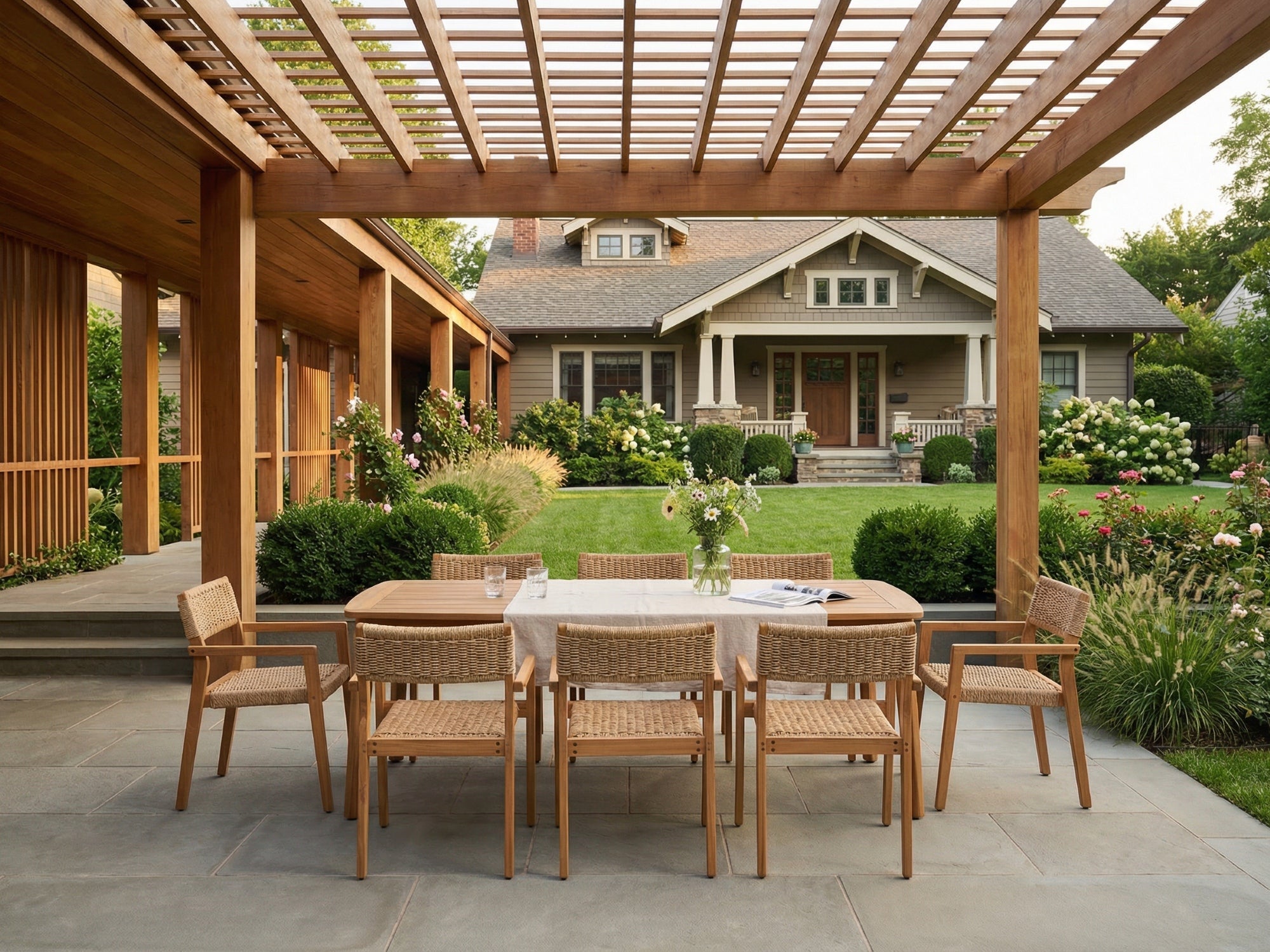 Nalia Outdoor Wood Dining Set with Ratten Arm Chairs, Umbrella Hole Design, 83" Tapered Legs