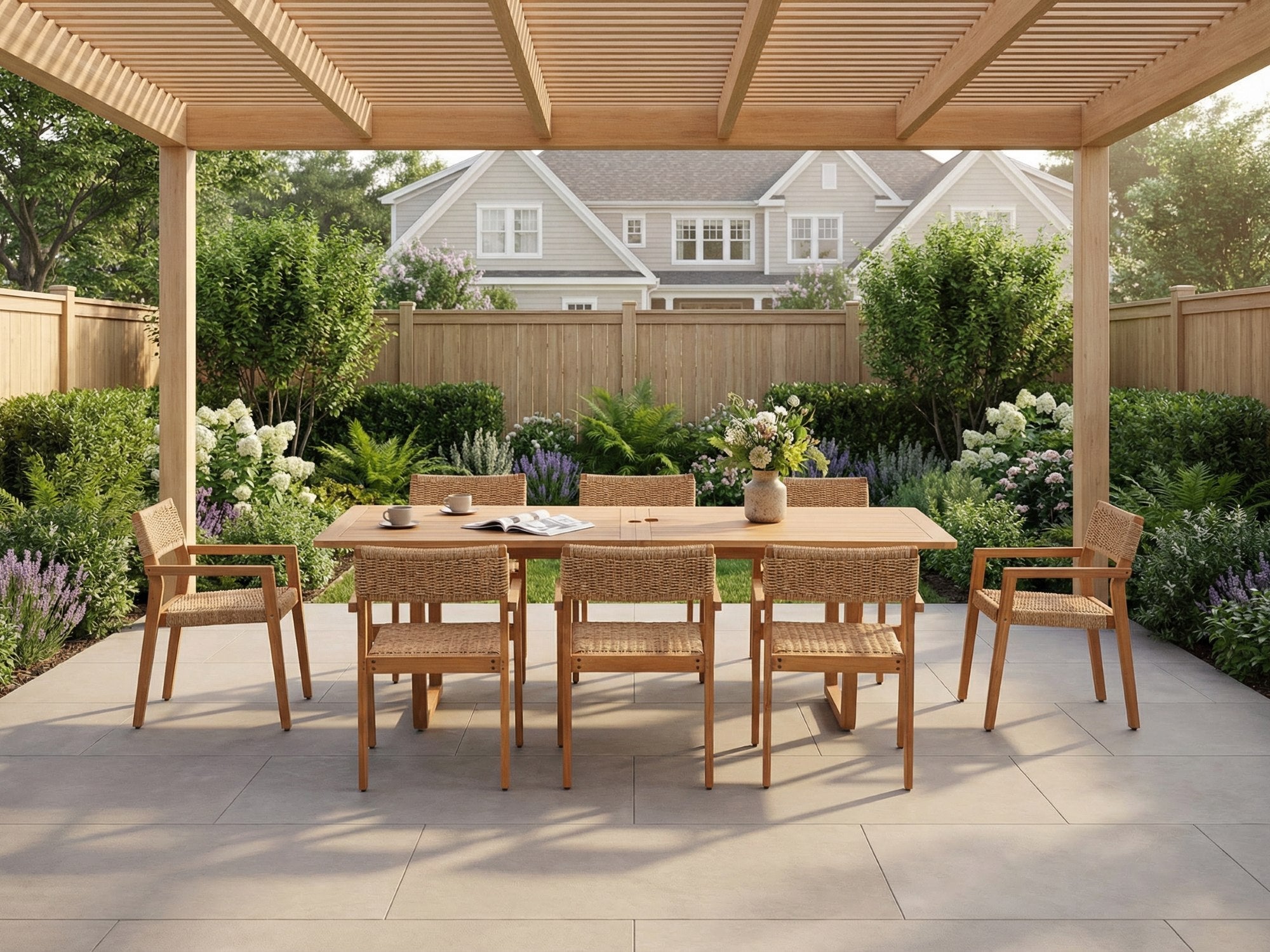 Nalia Outdoor Wooden Dining Set with Ratten Arm Chairs for 8 People, Umbrella Hole , 90.6" U-Legs