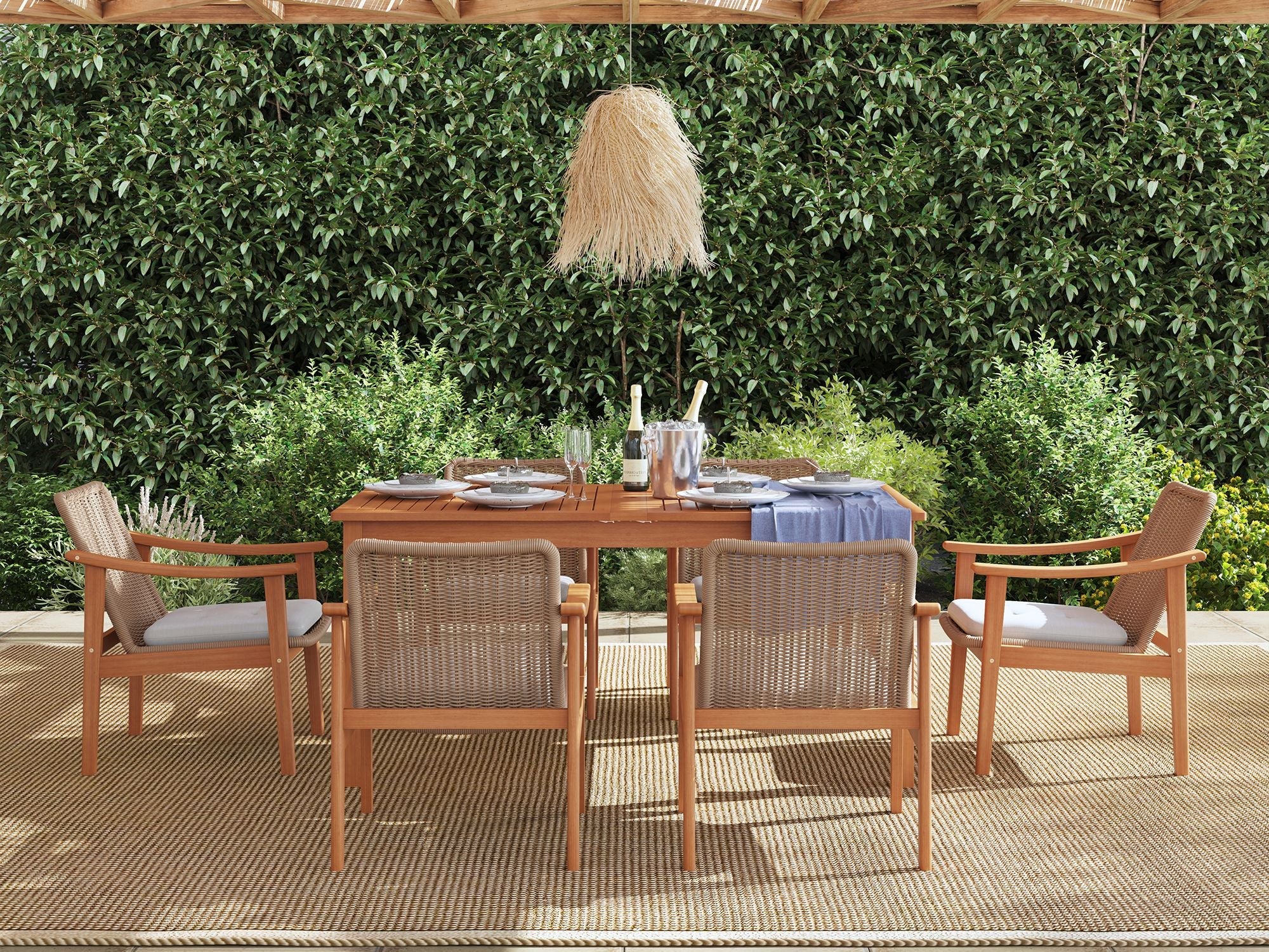 Nalia Outdoor Dining Set with Umbrella Hole for 6-8 People, Woven textures & Extendable Table, 63"- 94"