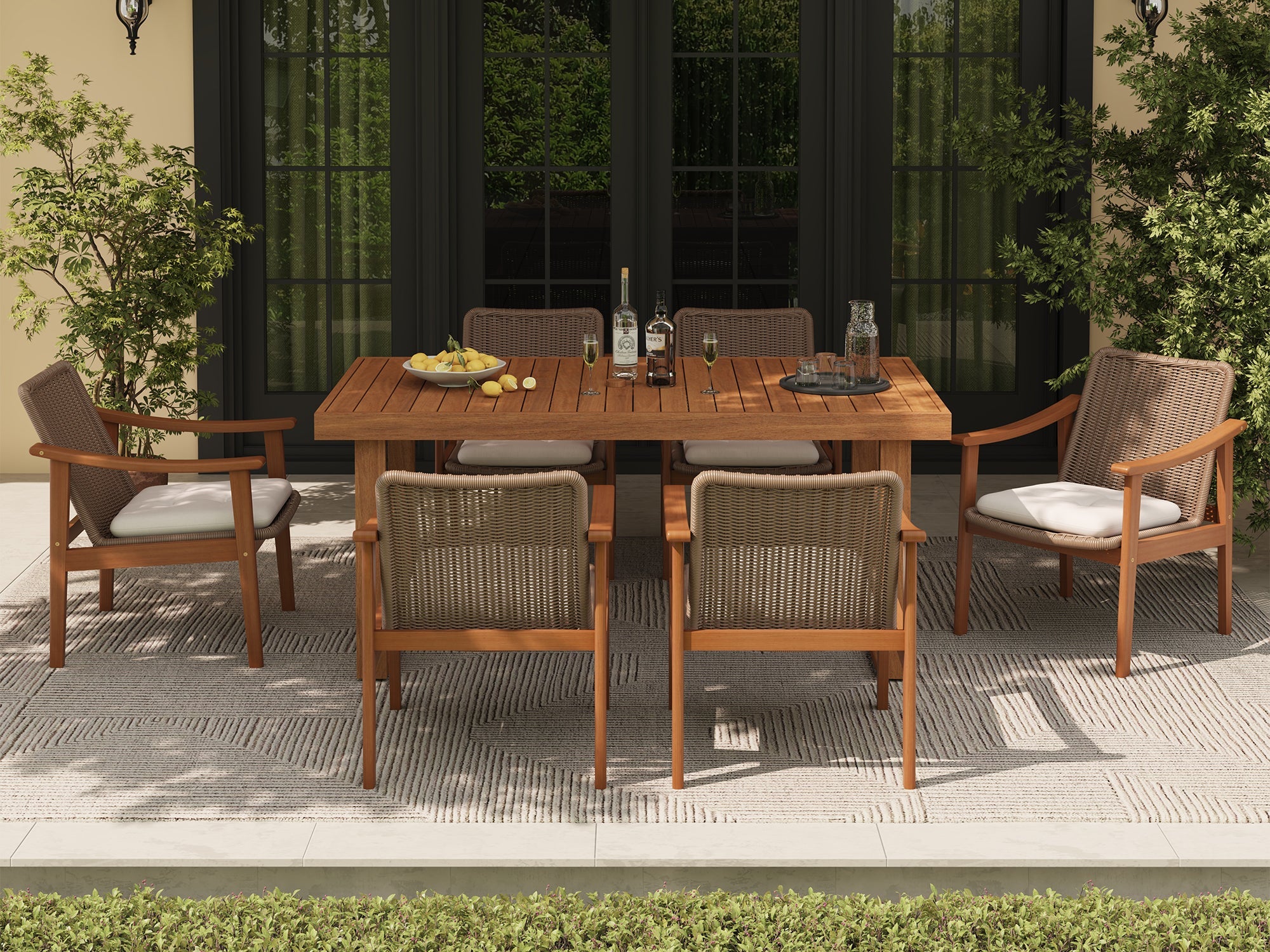 brown patio table 6 seater with umbrella Nalia Wood Outdoor Dining Set with Umbrella Hole for 6 People, Sled Le – Sunsitt Signature Outdoor