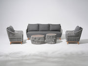 5-pcs Outdoor seating conversation set with gray seat cushions and back cushions, a 3-seat sofa, two single sofa armchairs with gray rope design, two round outdoor coffee tables with the same rope design - Sunsitt Premium Modern Outdoor Patio Furniture Set