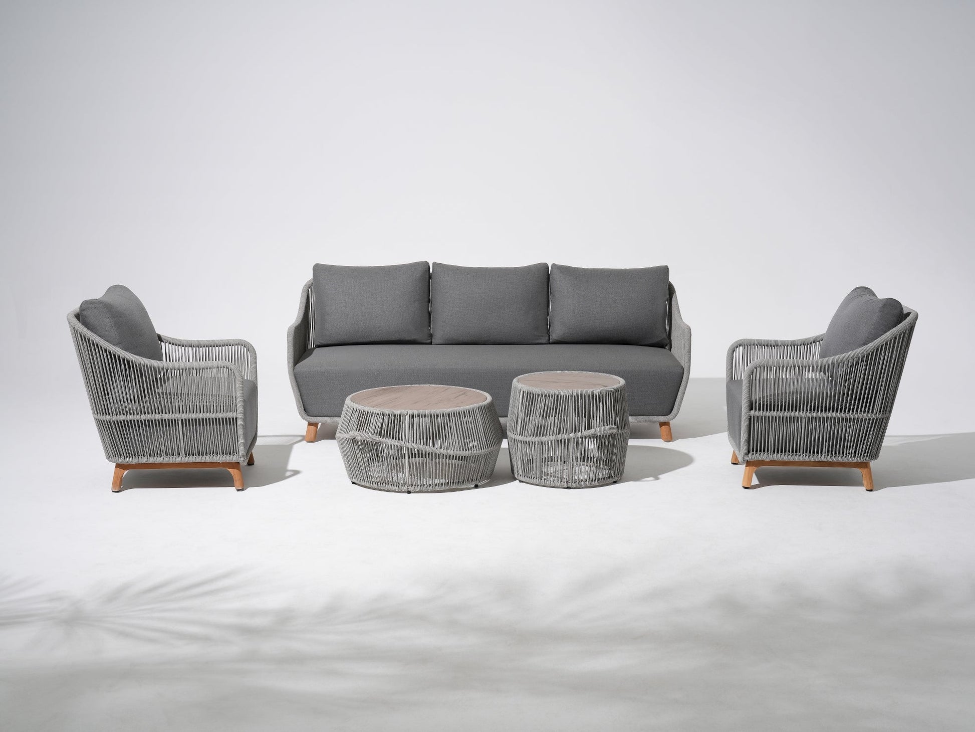 5-pcs Outdoor seating conversation set with gray seat cushions and back cushions, a 3-seat sofa, two single sofa armchairs with gray rope design, two round outdoor coffee tables with the same rope design - Sunsitt Premium Modern Outdoor Patio Furniture Set