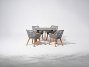 Round Outdoor Dining Set For 4 with cushions,  Teak frame, Sintered Stone dining table and 4 patio dining chairs with gray rope design and gray cushions - Sunsitt Premium Modern Outdoor Patio Dining Furniture Set