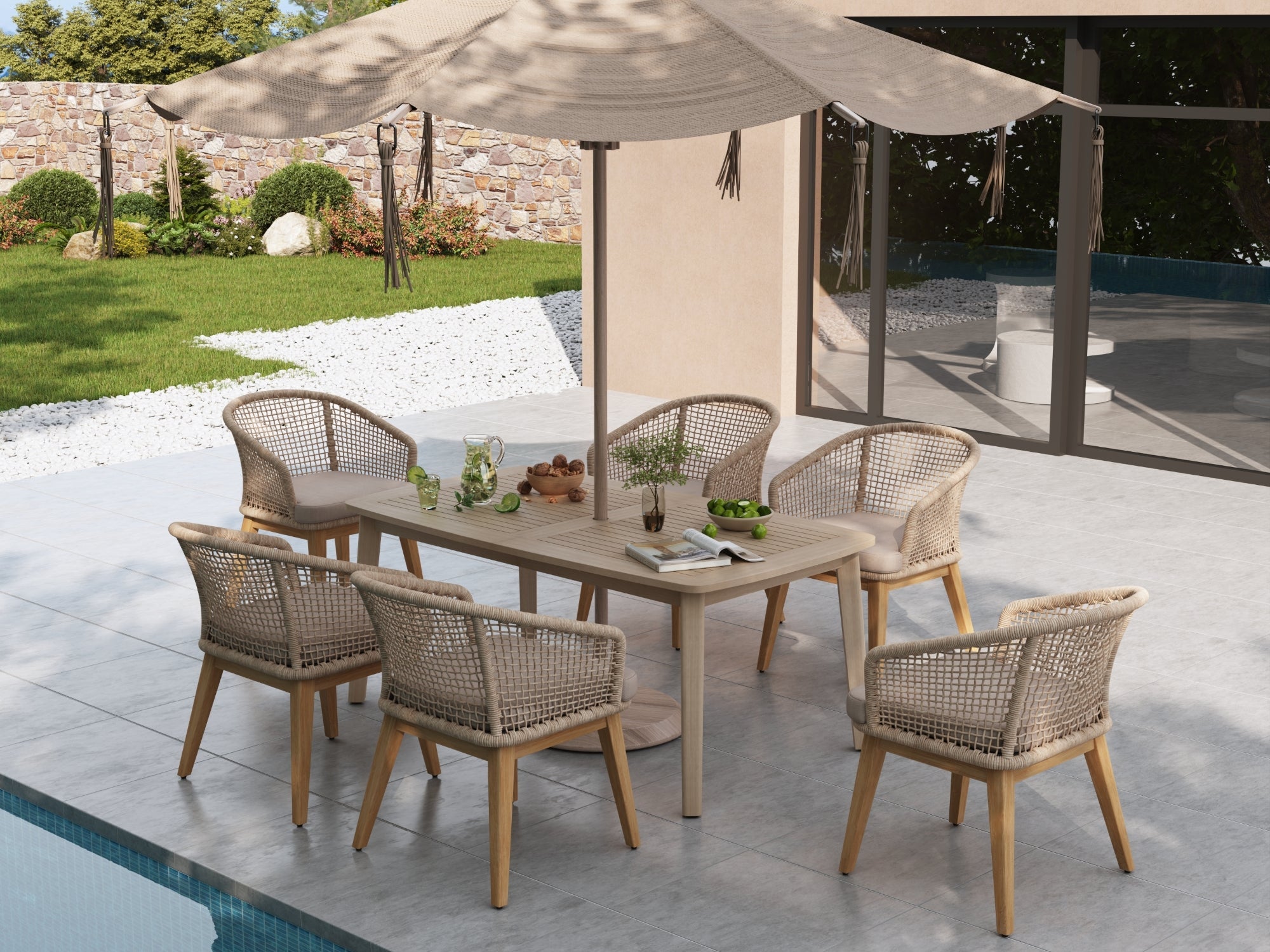 Noto Outdoor Acacia Dining Set with Checkerboard Woven Chairs & Umbrella Hole for 4-6 People, 63" Tapered Legs