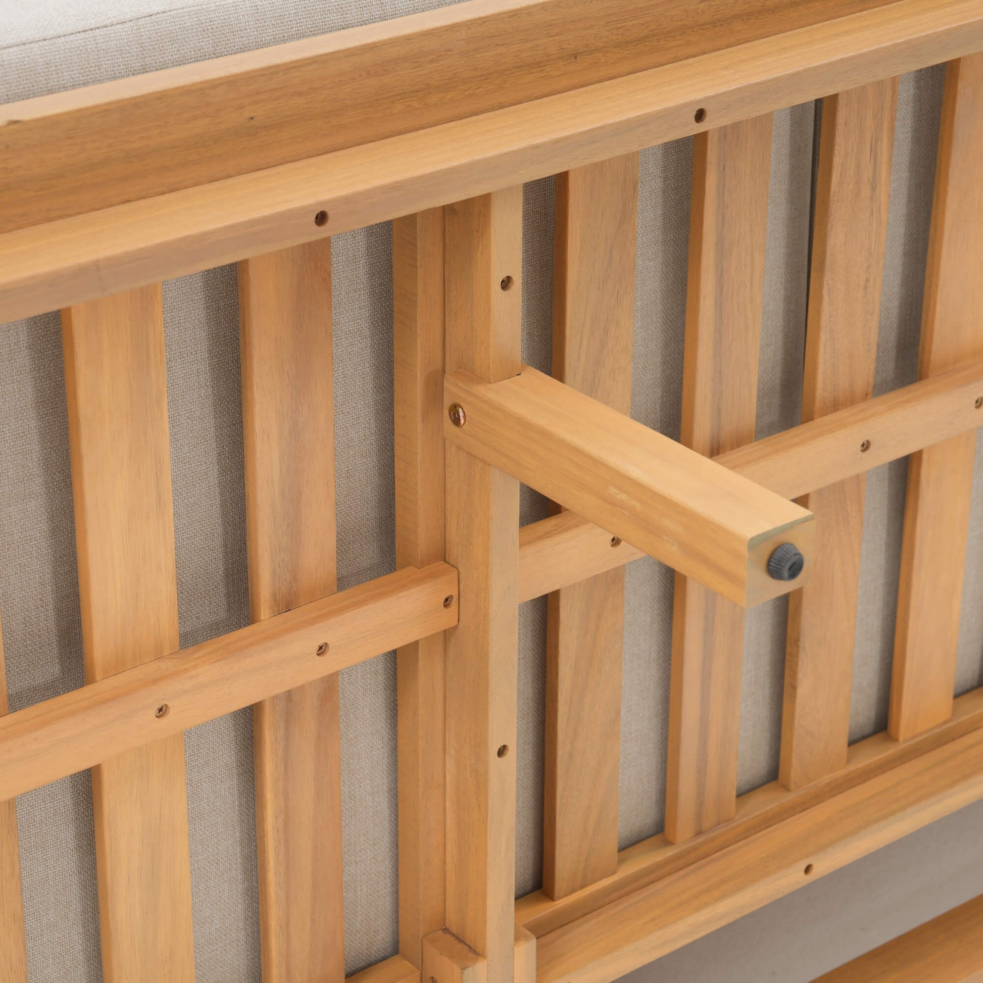 Noto outdoor sofa with slatted wooden frame detail