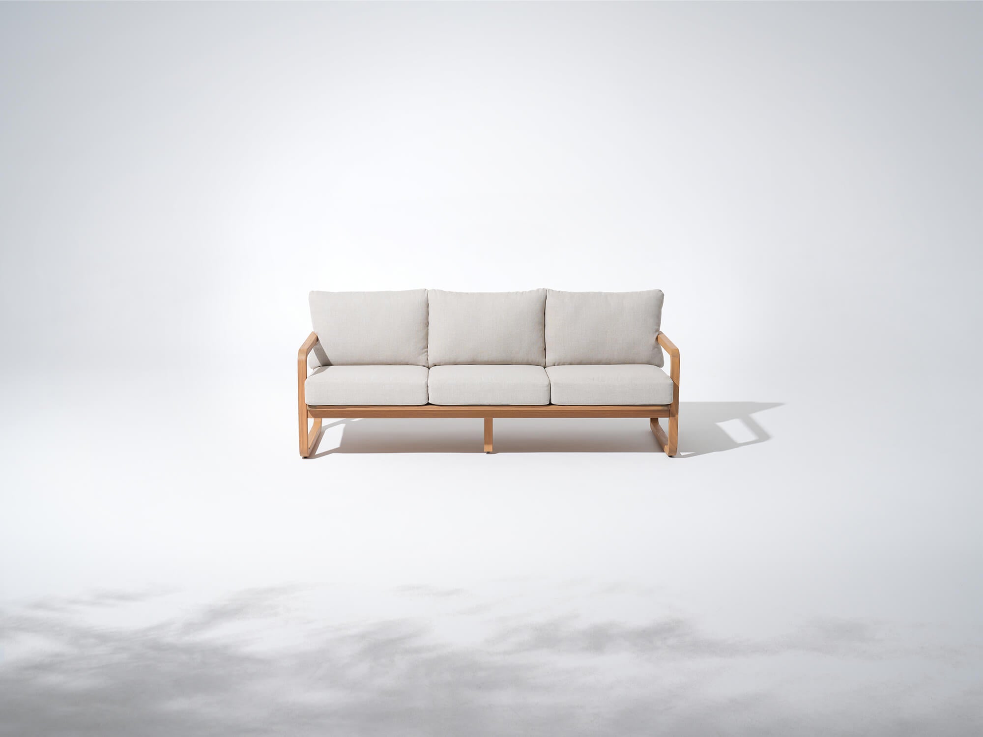 wooden outdoor 3-seat sofa with beige cushions