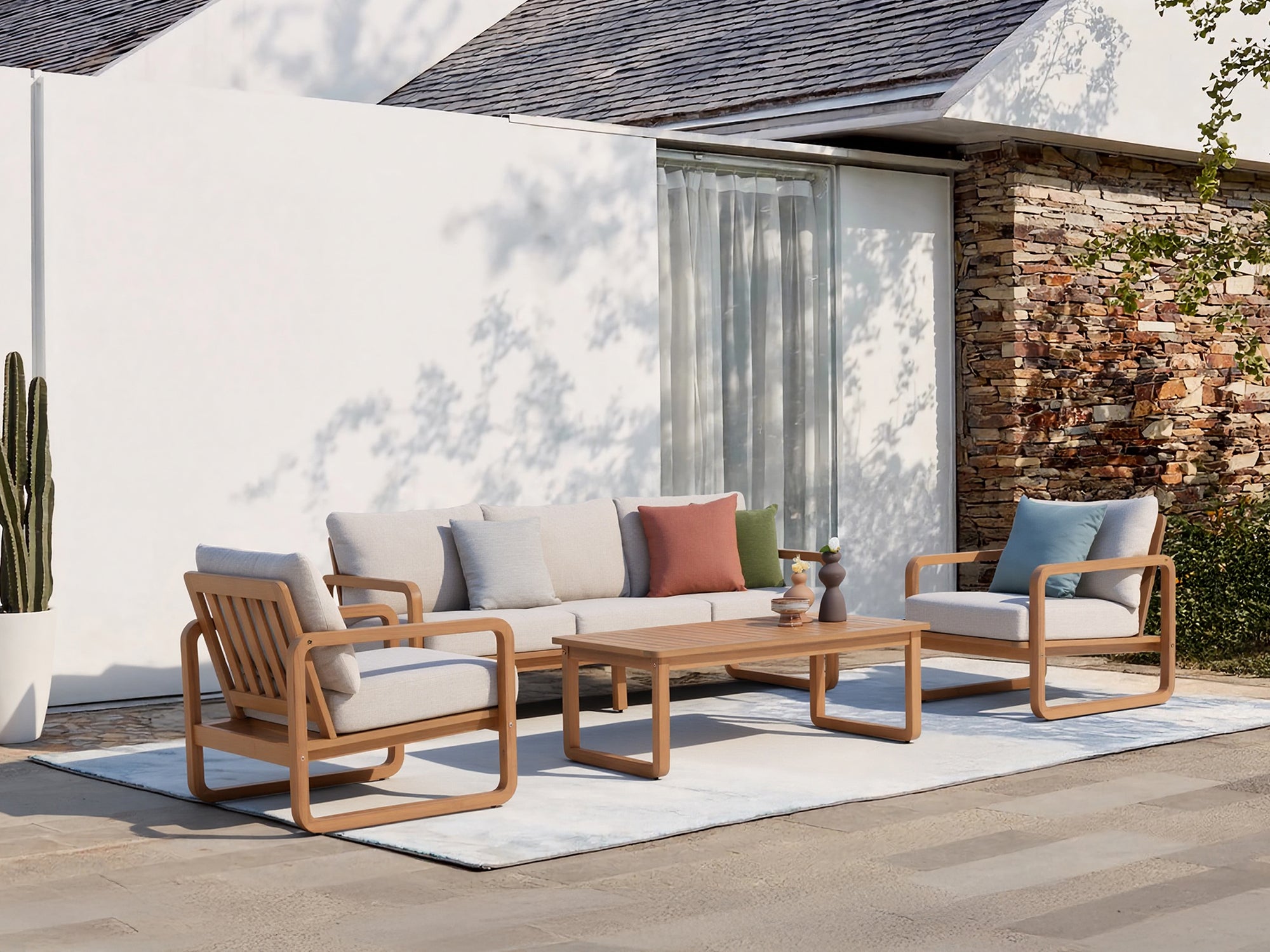 Noto 4-Piece Wood Outdoor Sofa Set with Linen Cushions