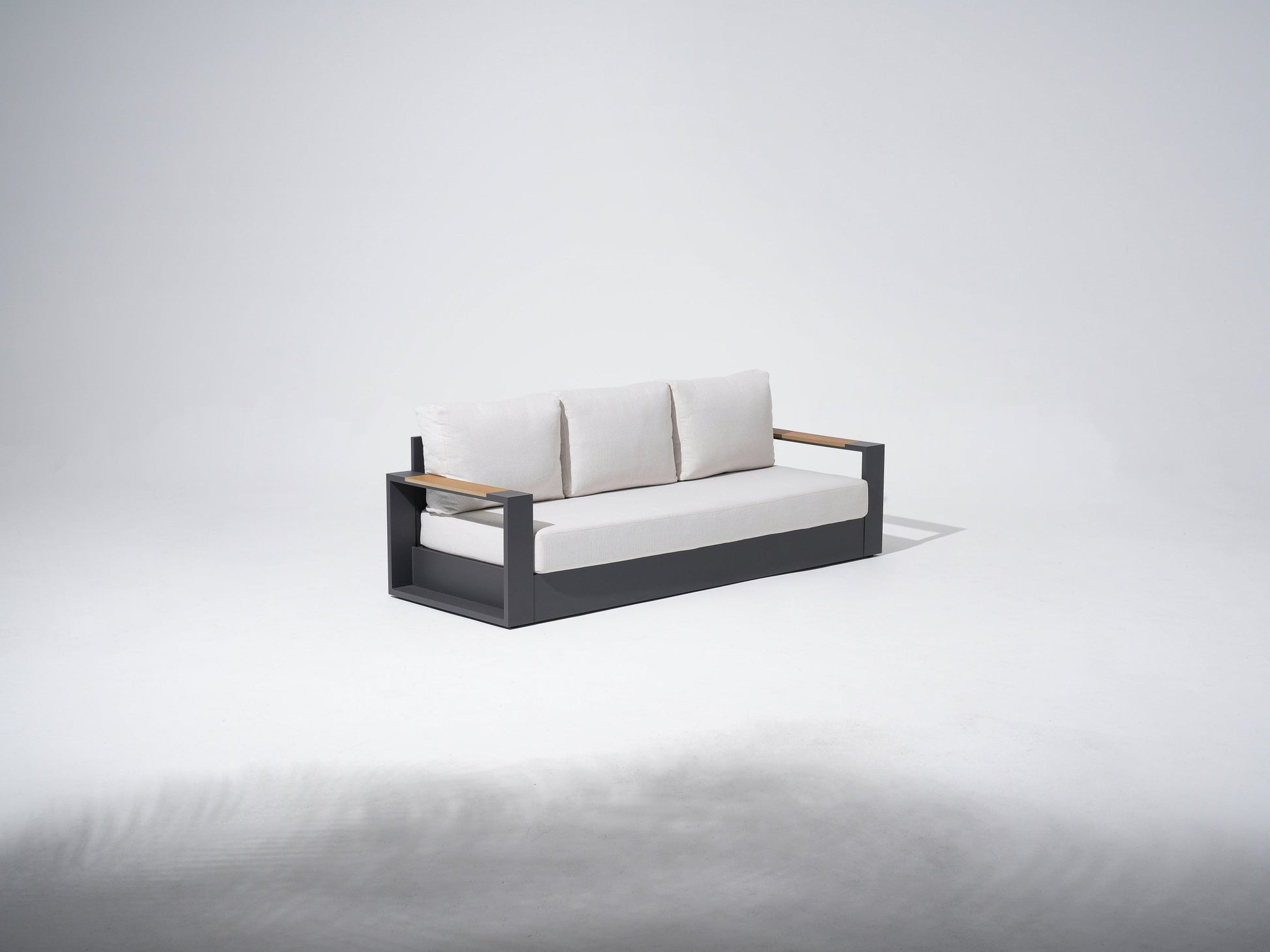 Modern outdoor sofa with white cushions, aluminum frame and wooden armrest- Sunsitt Modern Premium Patio Outdoor Furniture #color_grey