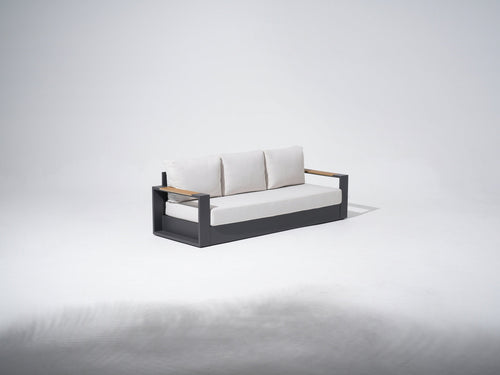 Modern outdoor sofa with white cushions, aluminum frame and wooden armrest- Sunsitt Modern Premium Patio Outdoor Furniture #color_grey