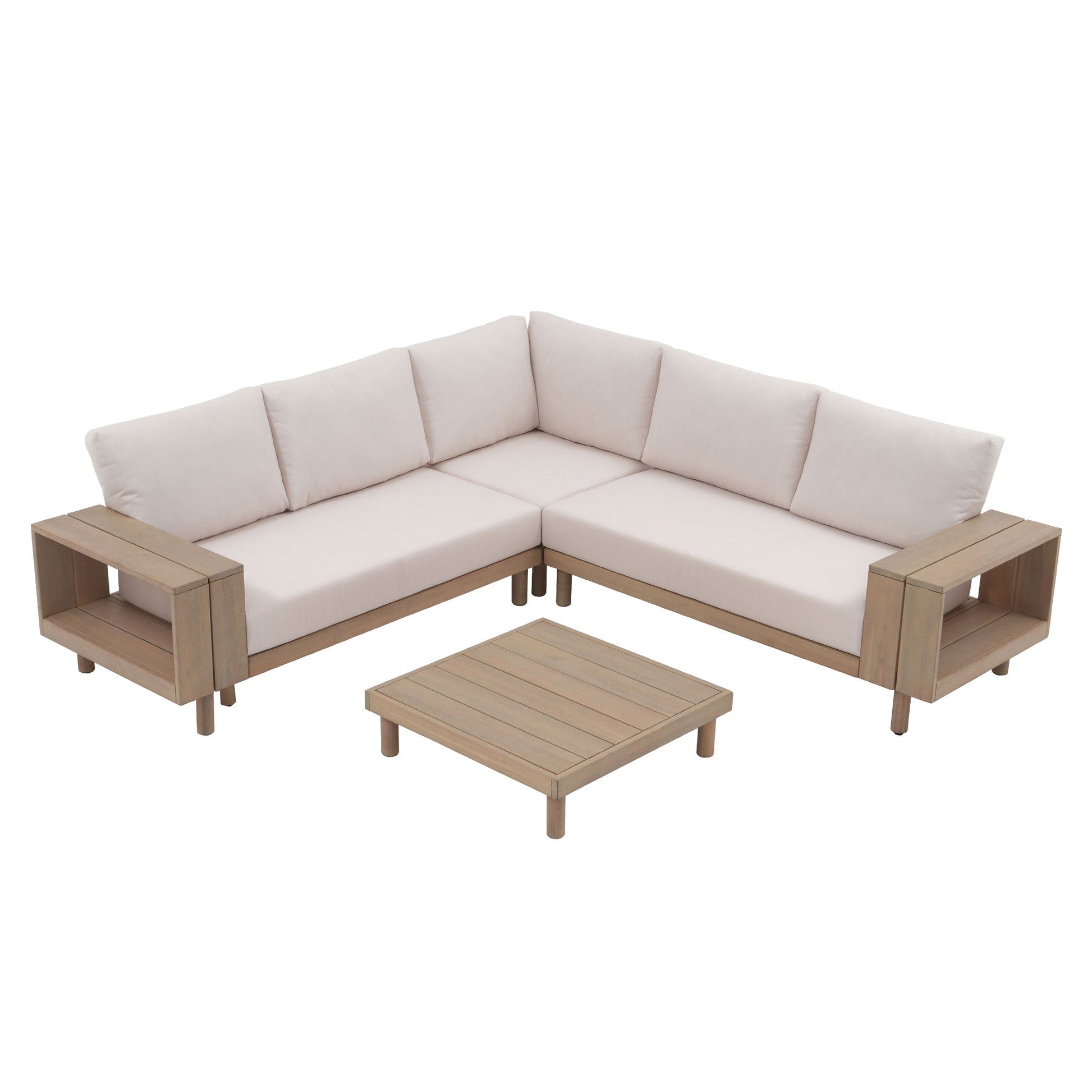 Sova wood L-shaped outdoor sectional sofa set with white cushions#Color_White
