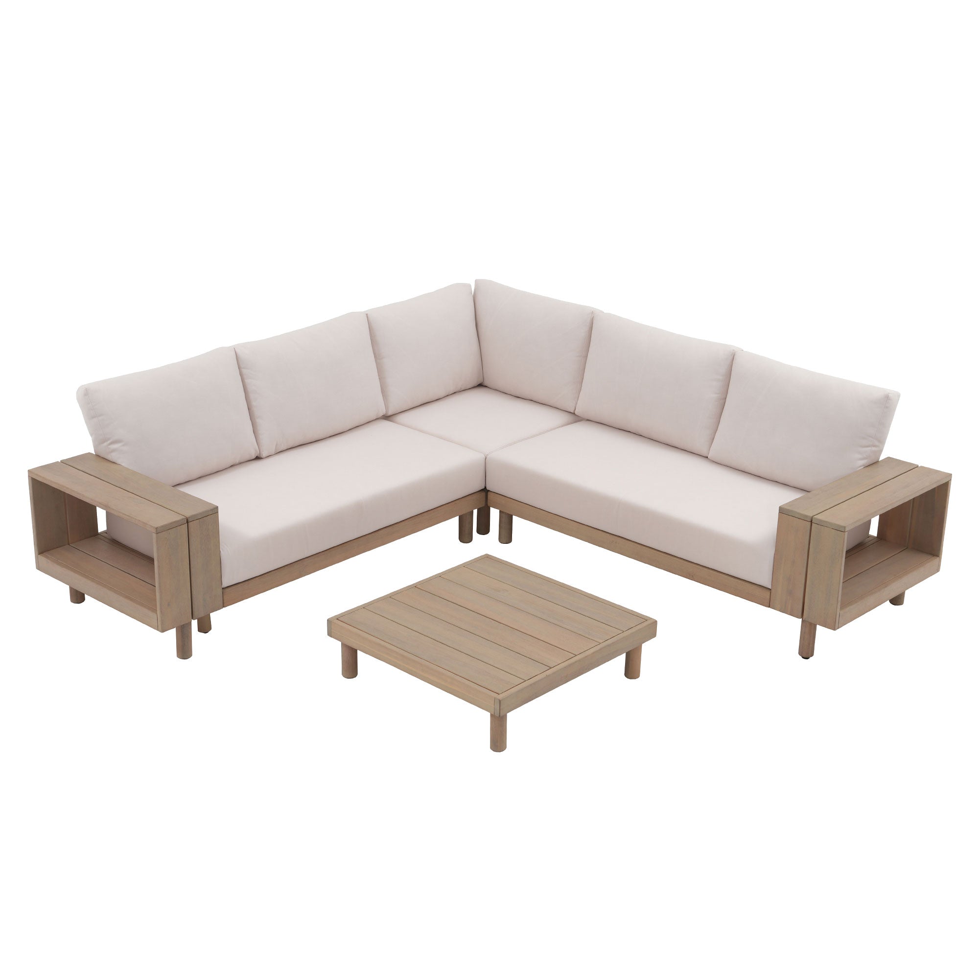 Sova wood L-shaped outdoor sectional sofa set with white cushions#Color_White