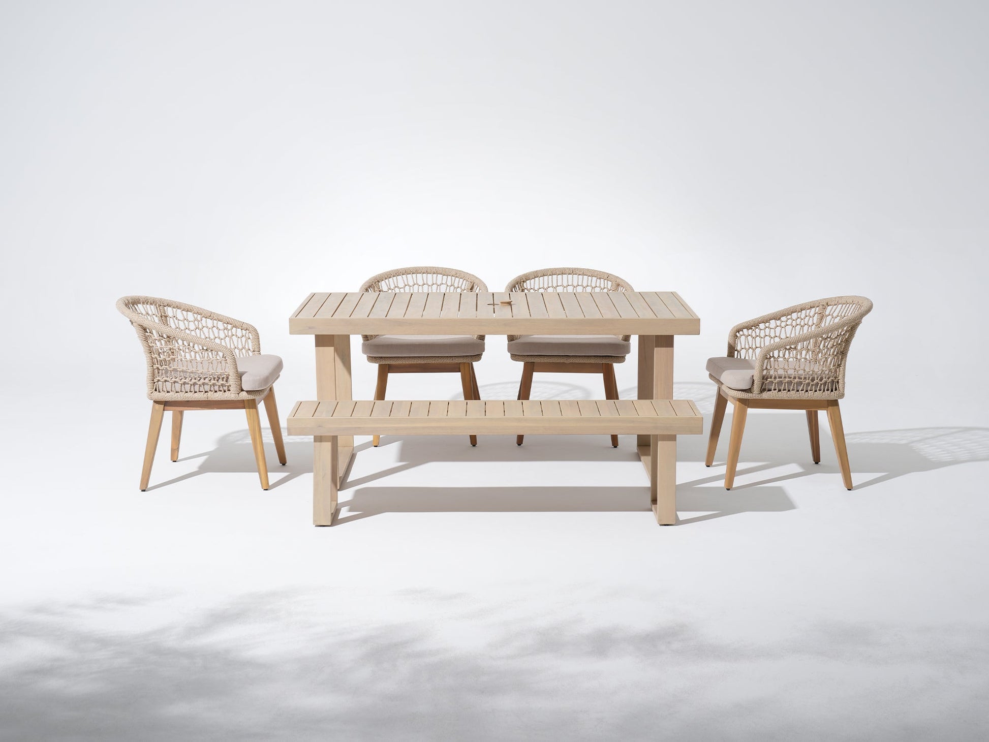 Noto 67'' Wooden Patio Dining Set for 6 People with Bench, Nylon Honeycomb Chairs