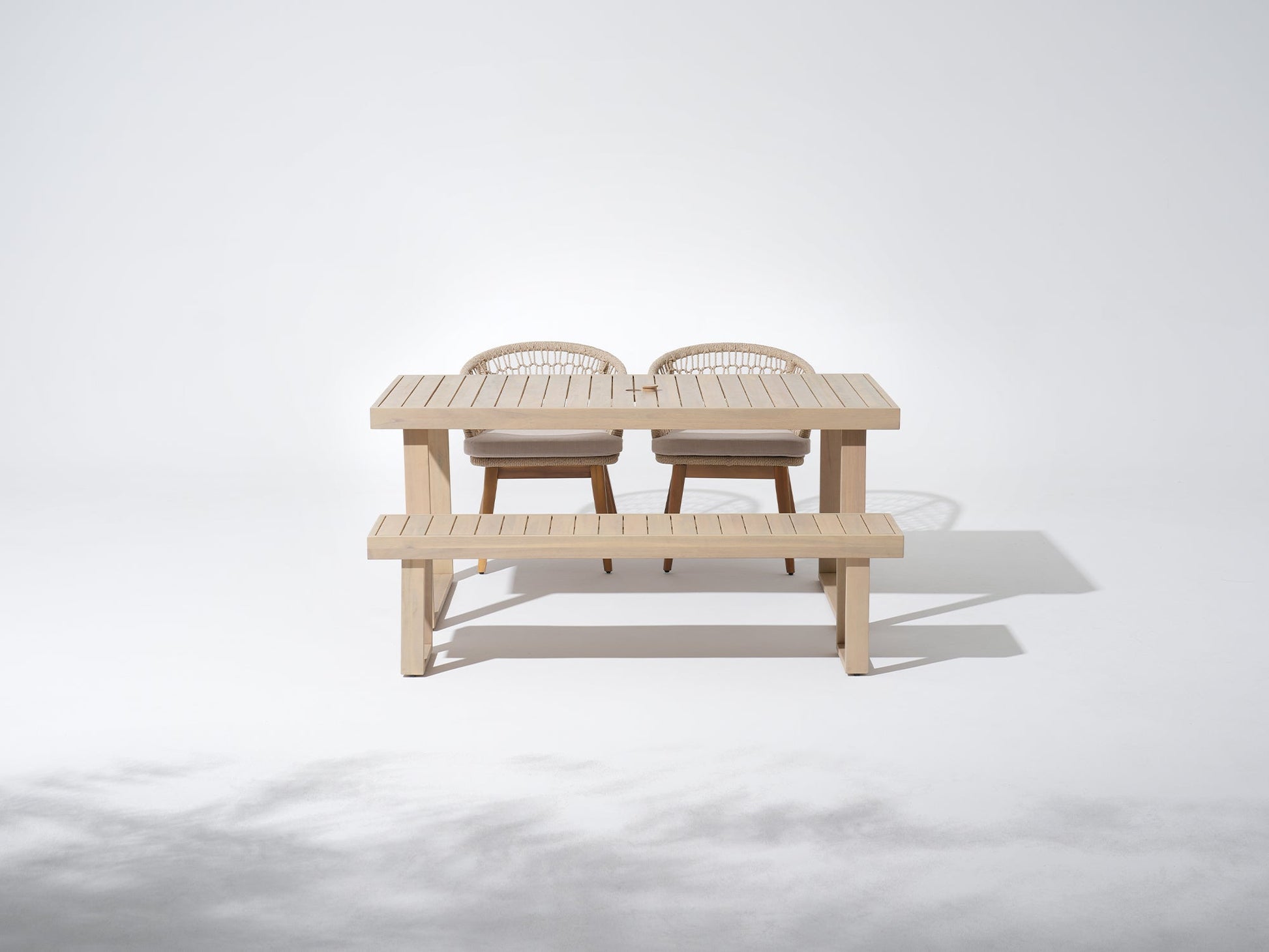 Noto 67'' Wooden Patio furniture Dining Set for 4 People with chairs and Bench, Nylon Honeycomb Chairs