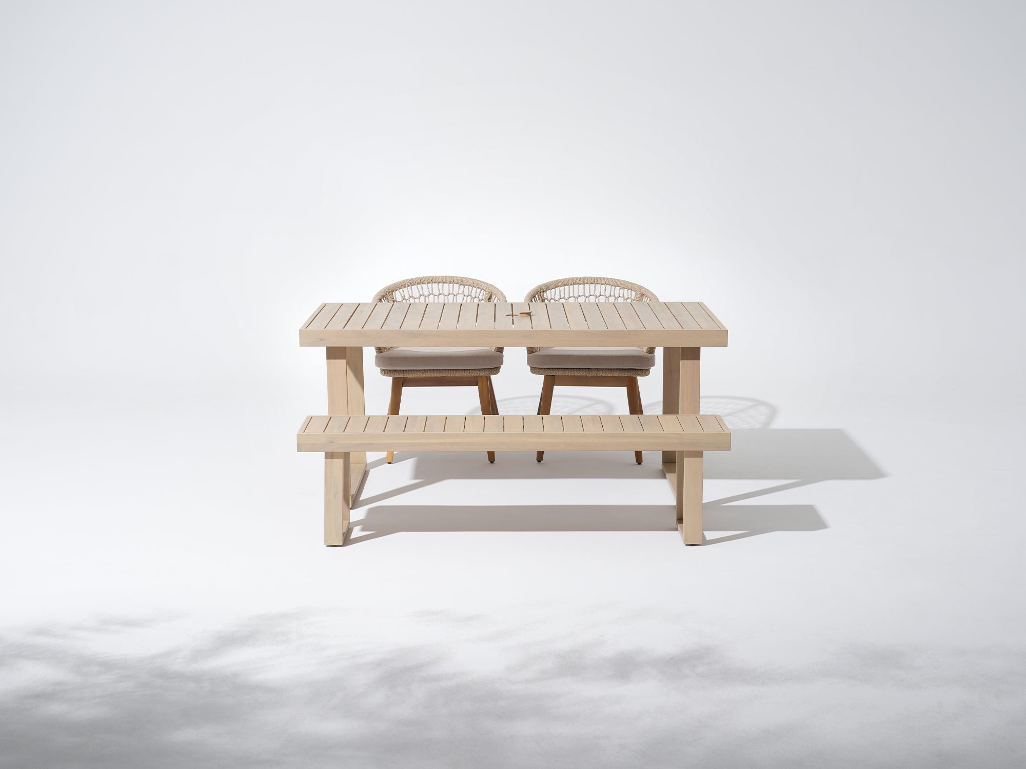 Noto 67'' Wooden Patio furniture Dining Set for 4 People with chairs and Bench, Nylon Honeycomb Chairs