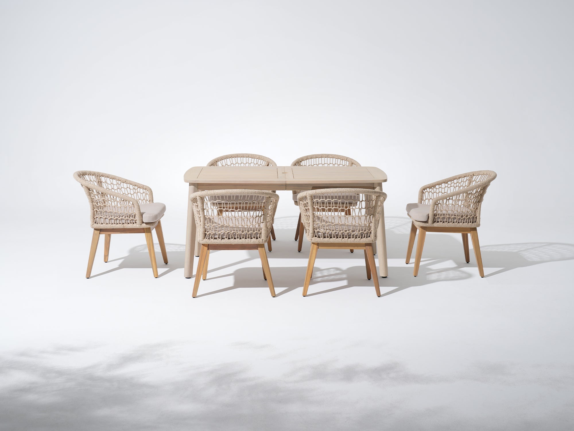 Noto 63'' Wooden Patio Dining Set with Umbrella Hole for 6 People, Nylon Honeycomb Chairs