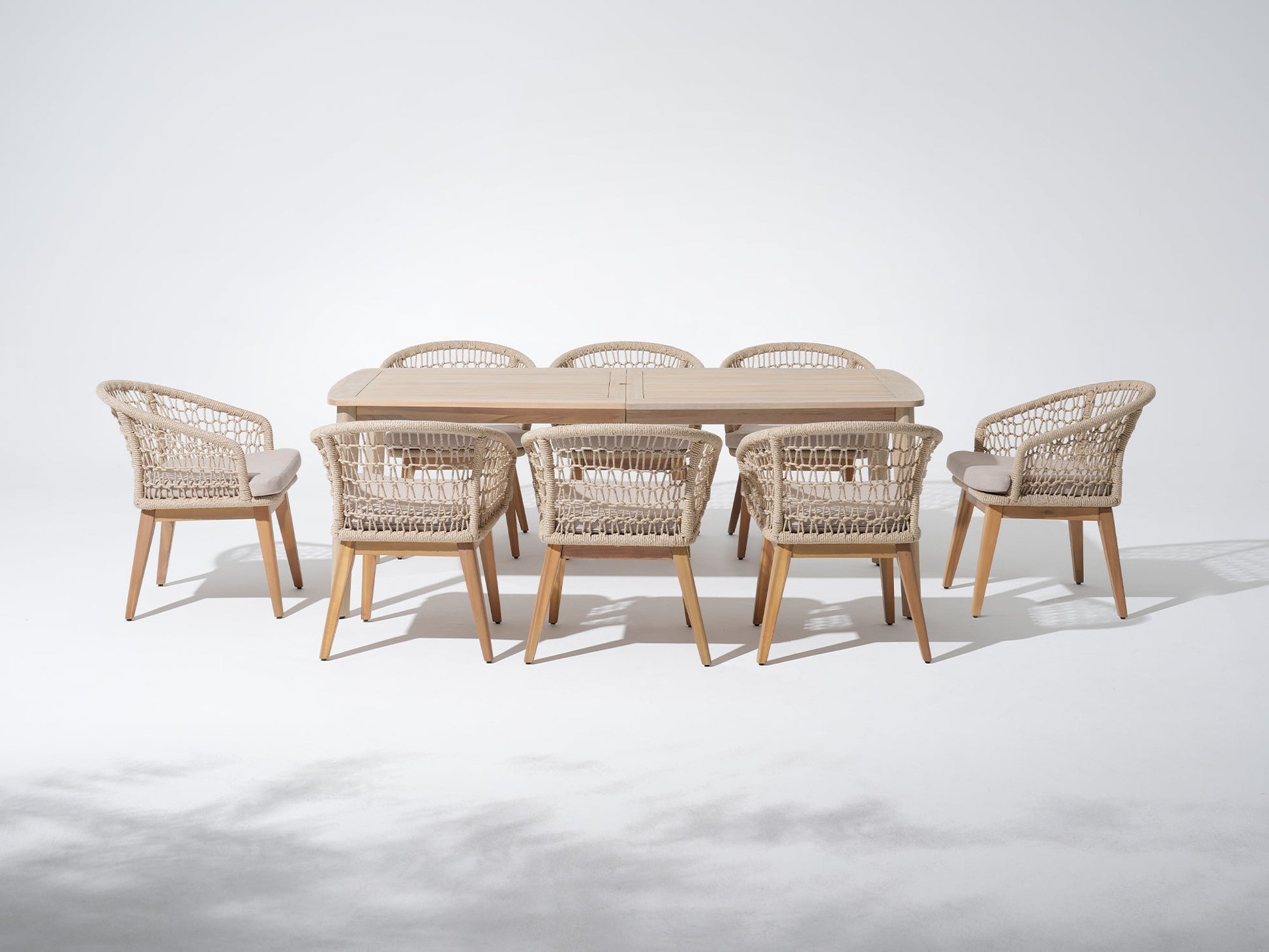 Noto 83'' Wooden Patio Dining Set with Umbrella Hole for 8 People, Nylon Honeycomb Chairs