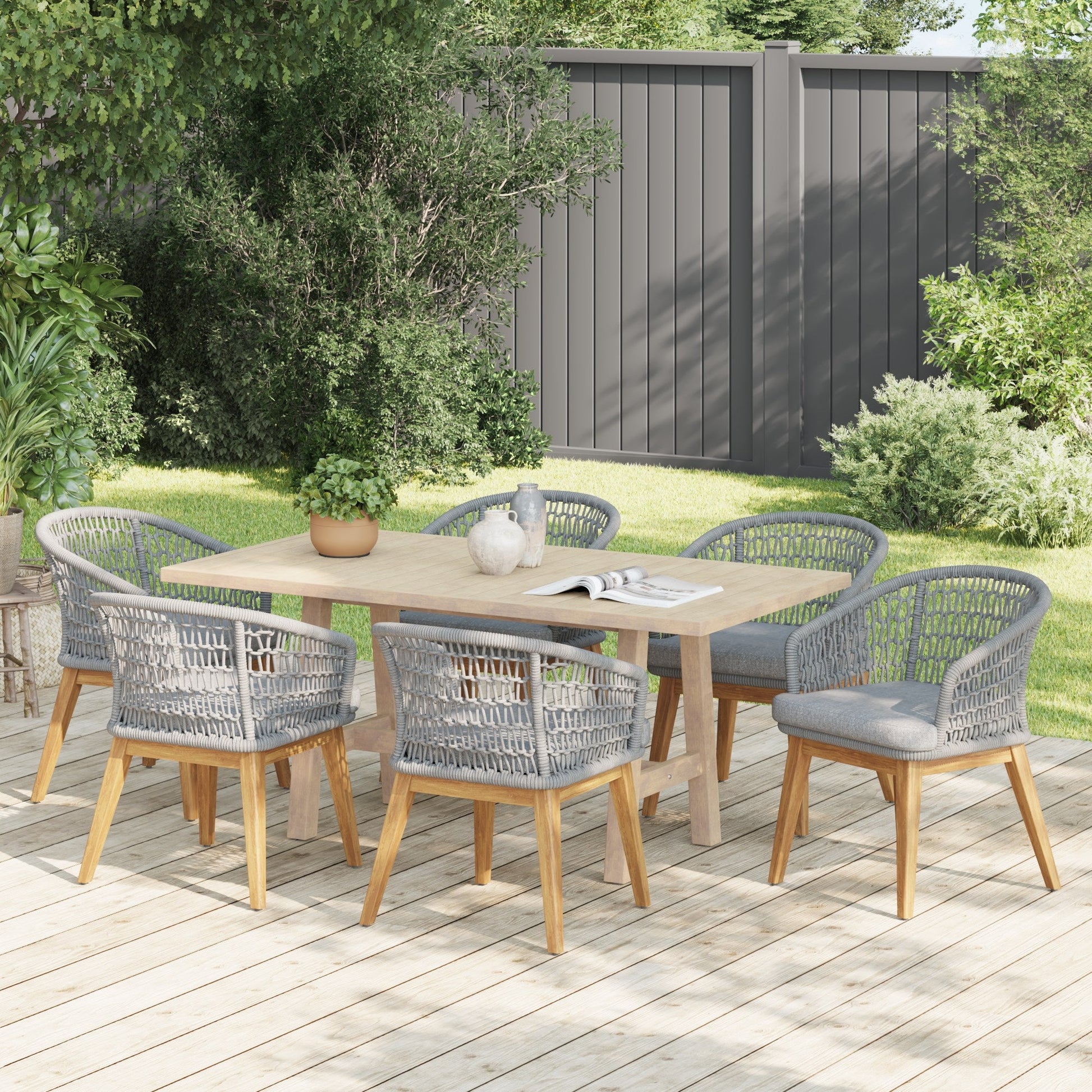 wooden rectangular patio dining set for 6 with Grey rope design- Sunsitt Modern Premium Patio Outdoor Furniture #Color_Grey