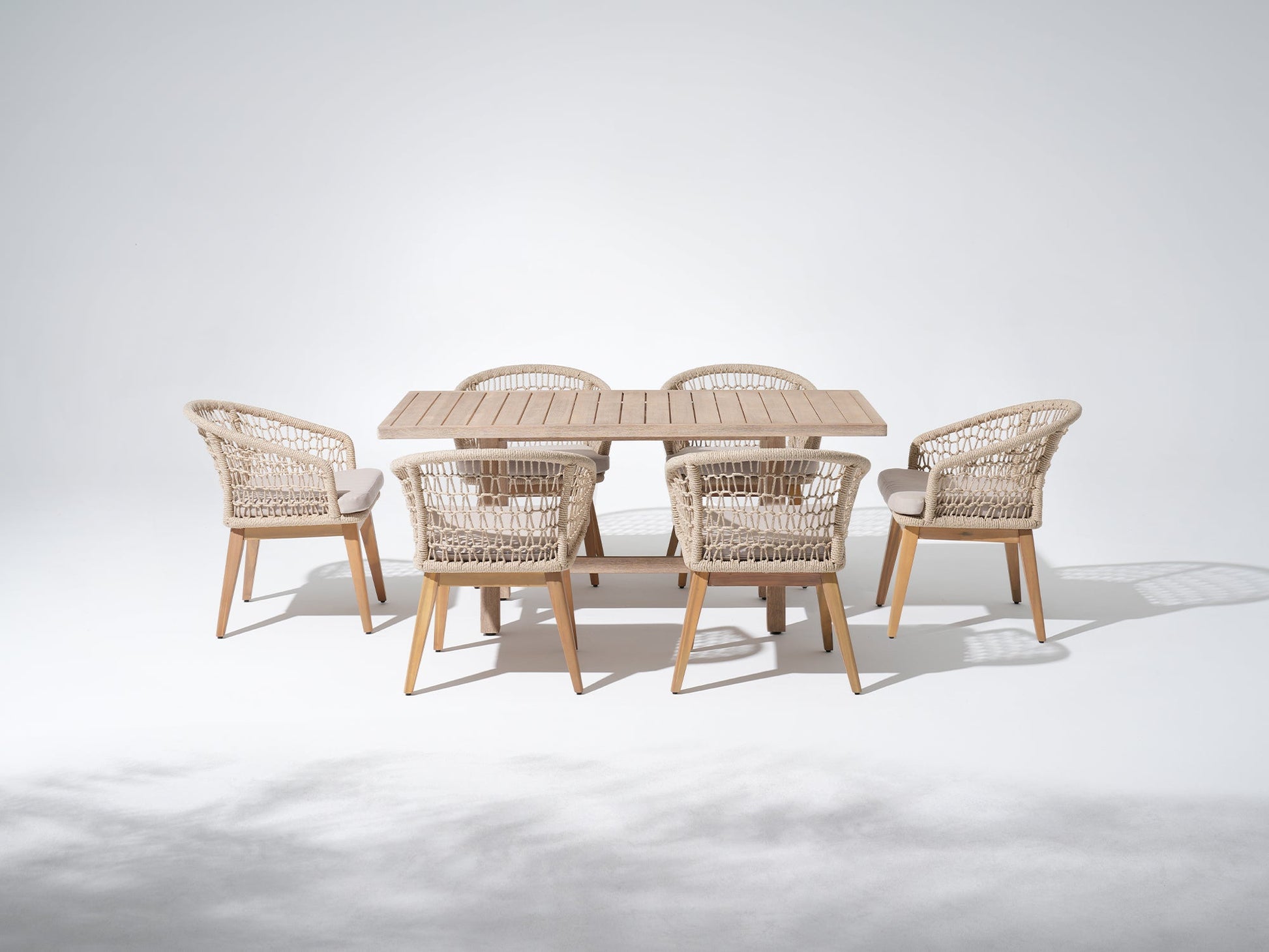 Rope chairs and table set for 6 with wooden frame- Sunsitt Modern Premium Patio Outdoor Furniture