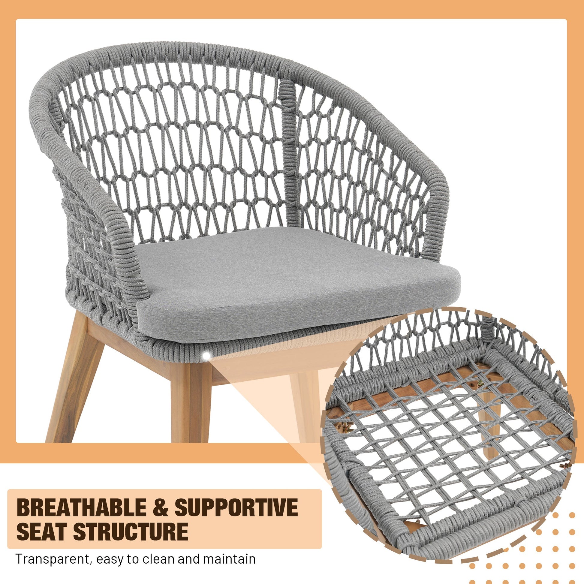 wooden outdoor dining chairs with grey rope design detail- Sunsitt Modern Premium Patio Outdoor Furniture#Color_Grey