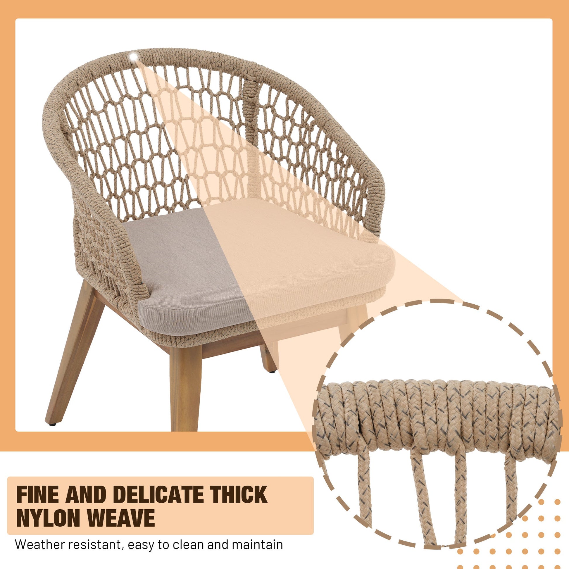 wooden outdoor dining chairs with beige rope design detail- Sunsitt Modern Premium Patio Outdoor Furniture#Color_Beige