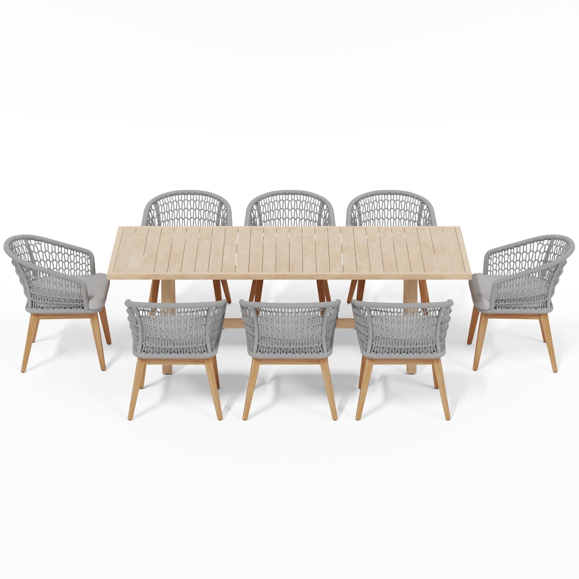 Wooden dining table with eight gray wicker chairs- Sunsitt Modern Premium Patio Outdoor Furniture