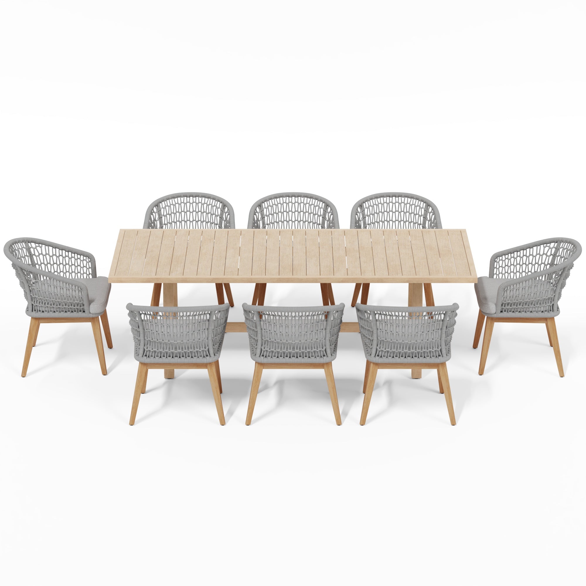 Wooden dining table with eight gray wicker chairs- Sunsitt Modern Premium Patio Outdoor Furniture