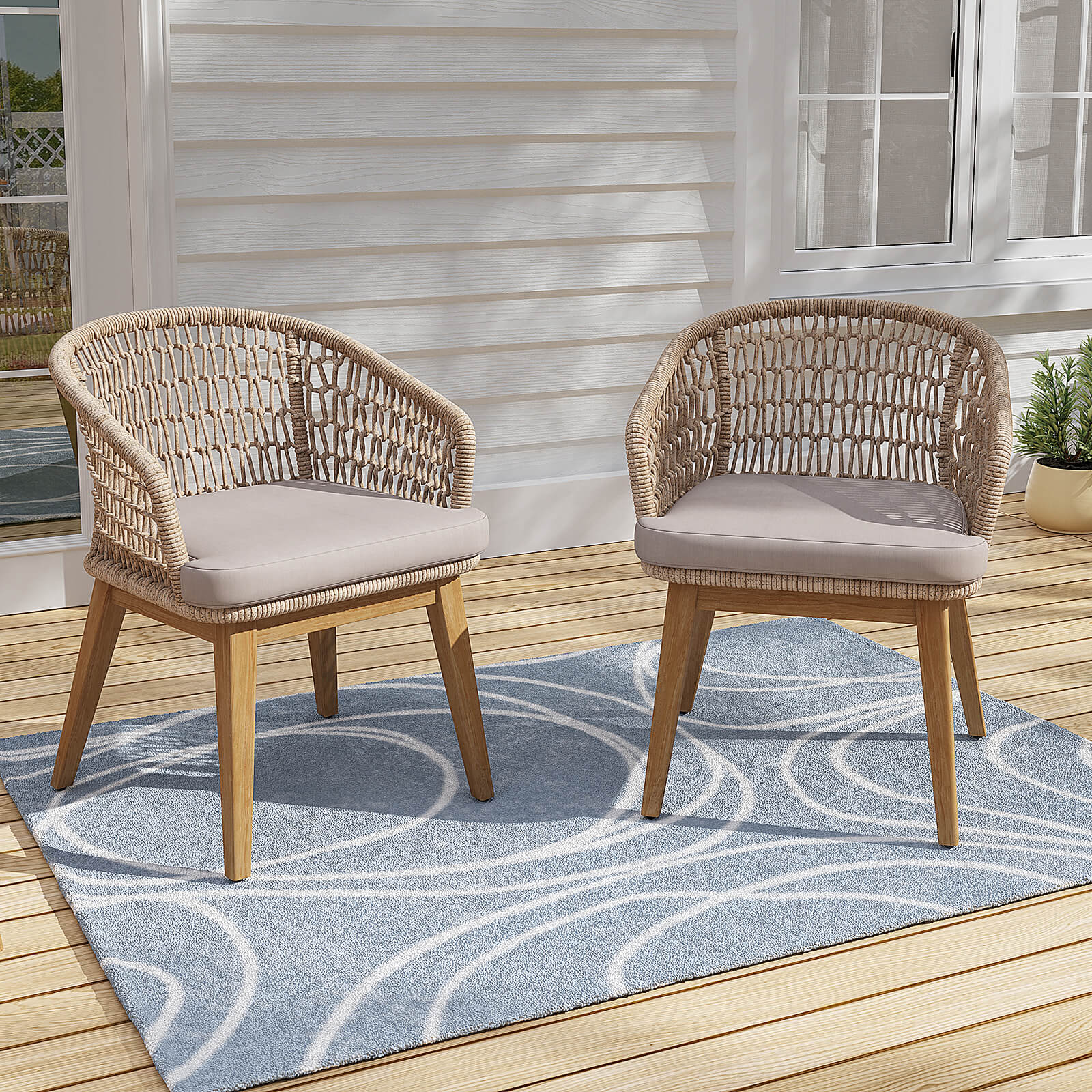Two rope and wooden outdoor chairs with beige cushions on a wooden deck with a blue patterned rug- Sunsitt Modern Premium Patio Outdoor Furniture #Color_Beige