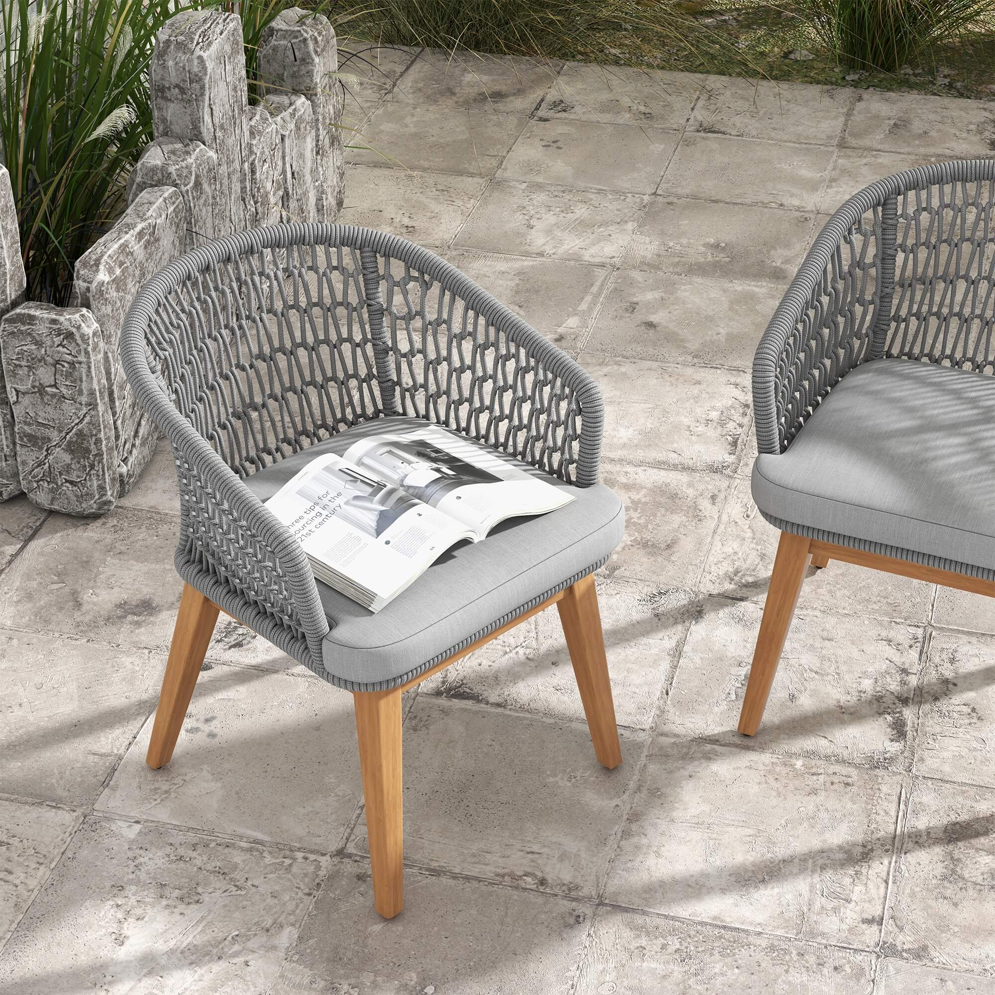 wooden outdoor dining armchairs with grey rope design- Sunsitt Modern Premium Patio Outdoor Furniture#Color_Grey
