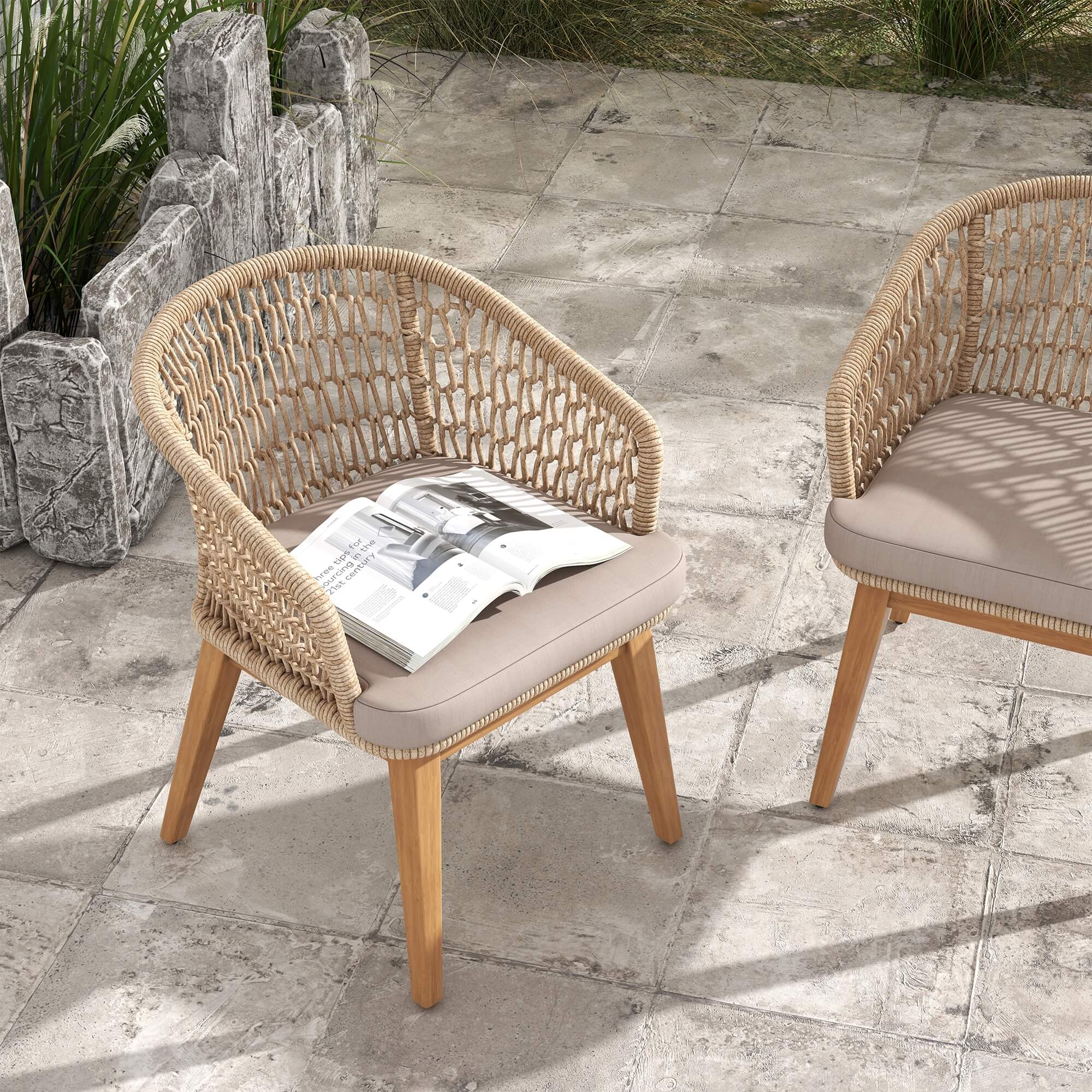 wooden outdoor dining armchairs with beige rope design- Sunsitt Modern Premium Patio Outdoor Furniture#Color_Beige