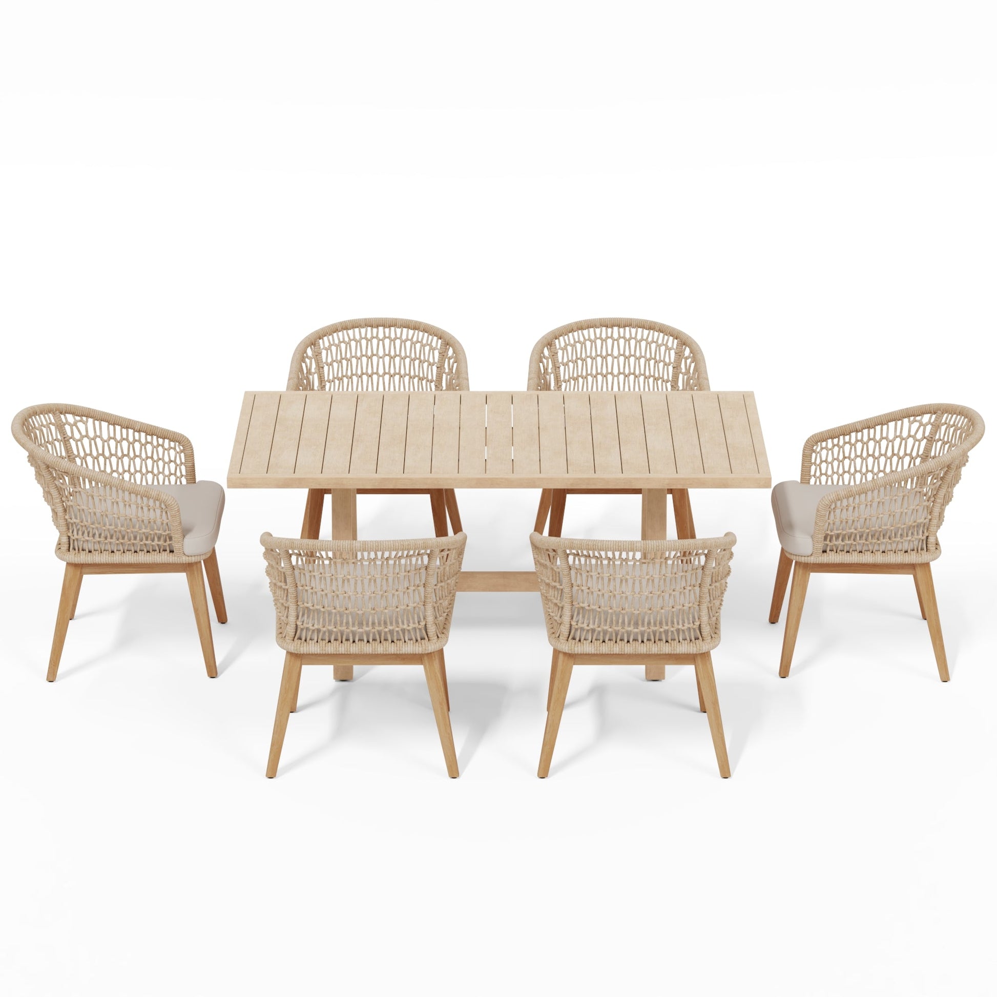 Beige wooden outdoor patio dining set for 6 people with rope design- Sunsitt Modern Premium Patio Outdoor Furniture#Color_Beige