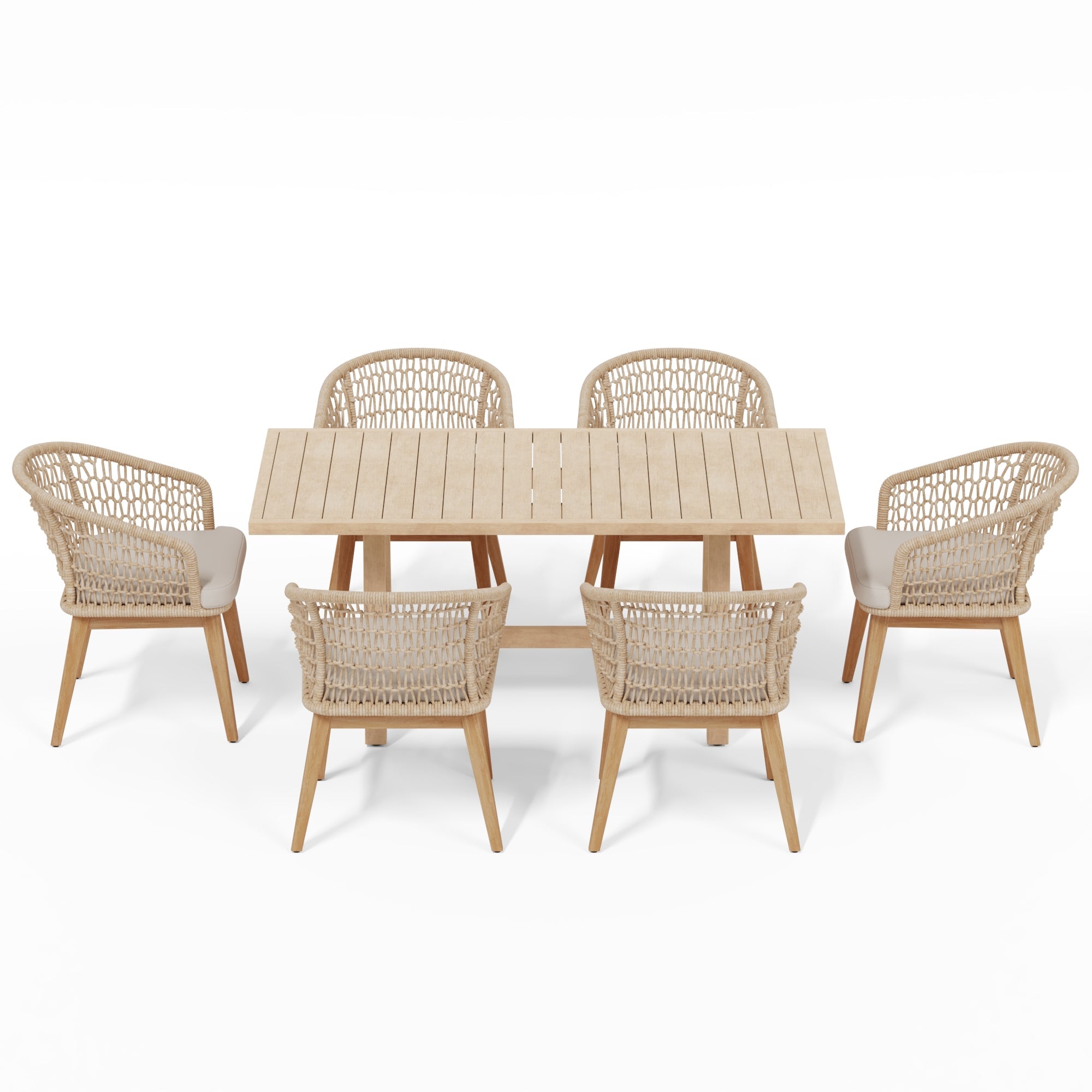 Beige wooden outdoor patio dining set for 6 people with rope design- Sunsitt Modern Premium Patio Outdoor Furniture#Color_Beige