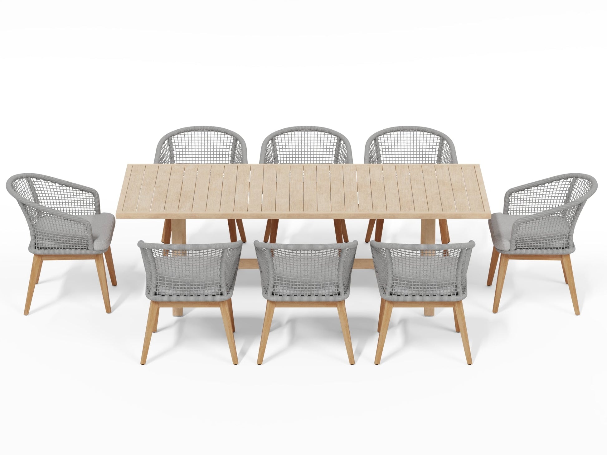 wooden outdoor dining table and gray chairs for 8 with rope design- Sunsitt Modern Premium Patio Outdoor Furniture#Color_Grey