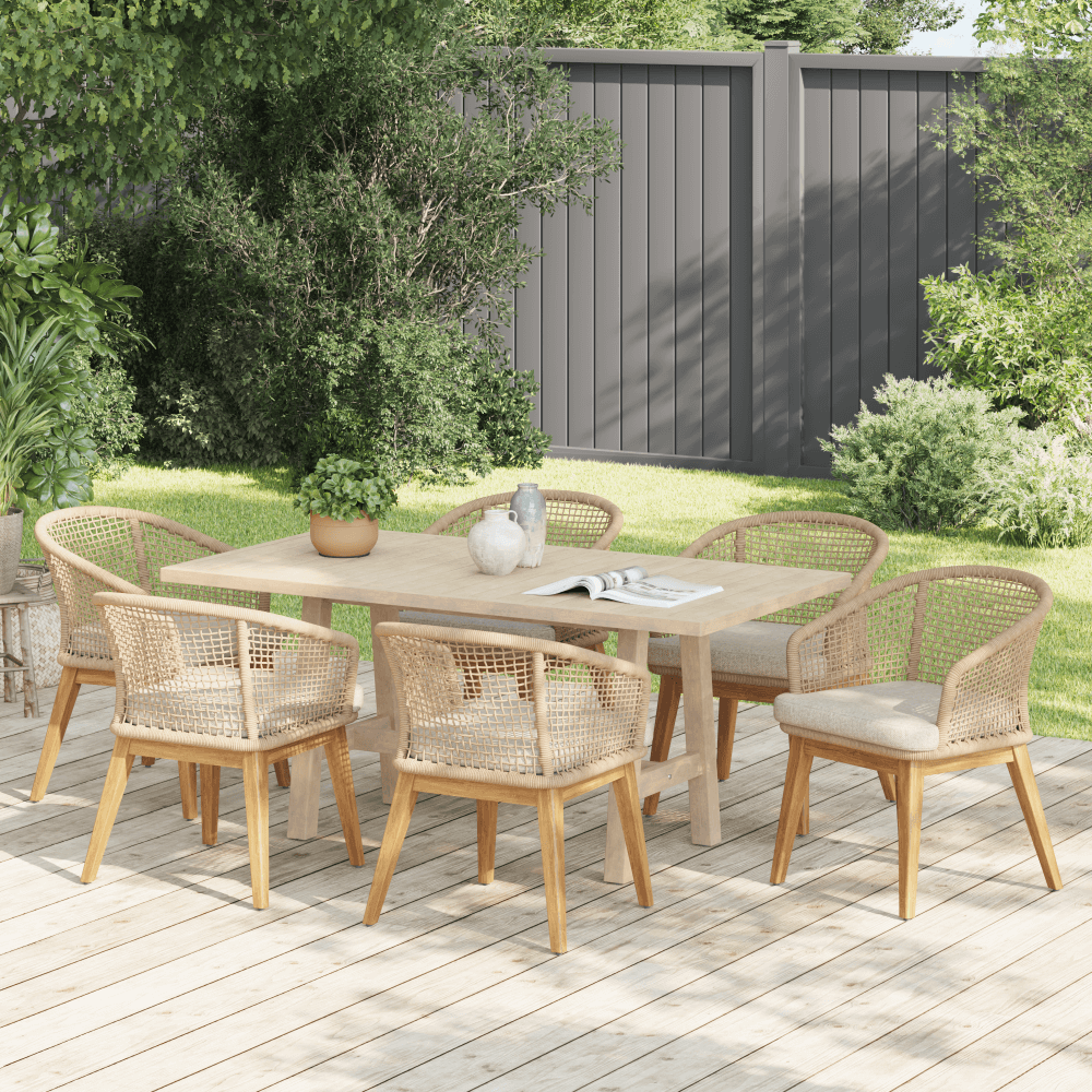 7pcs Outdoor dining set with wooden table and chairs on a wooden deck- Sunsitt Modern Premium Patio Outdoor Furniture