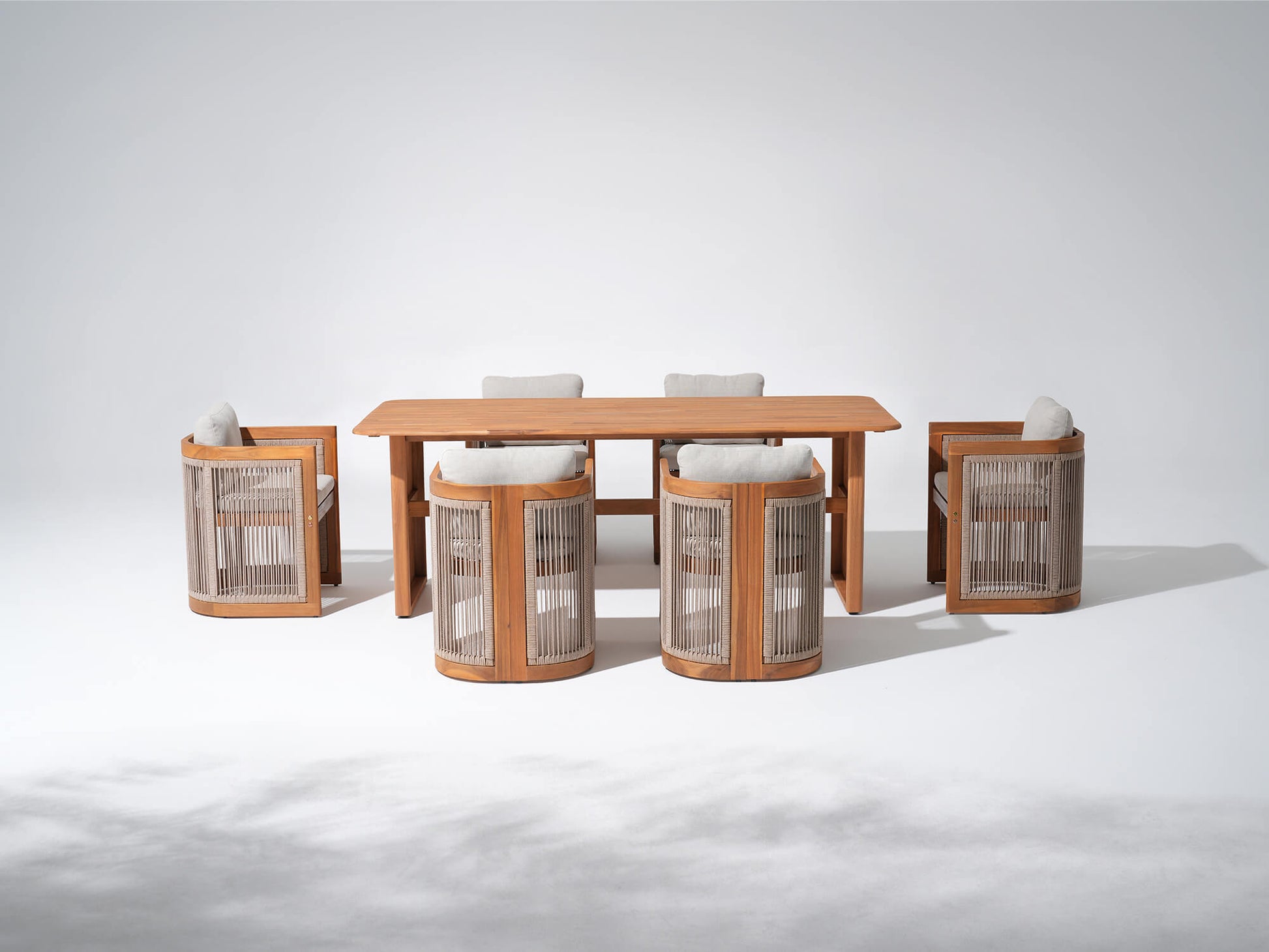 Wooden outdoor dining table and chairs for 6 people with woven rope design- Sunsitt Modern Premium Patio Outdoor Furniture 