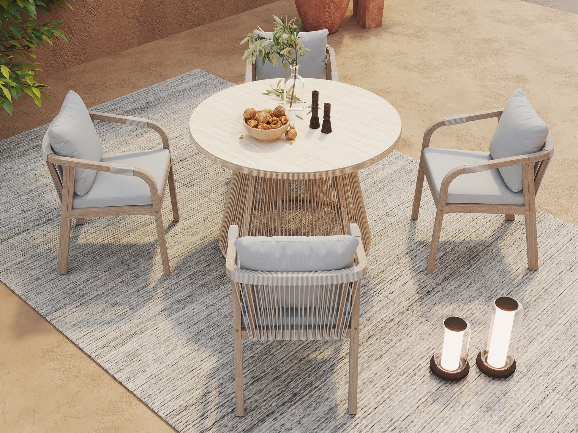 wooden Outdoor furniture set with a round table and four rope chairs