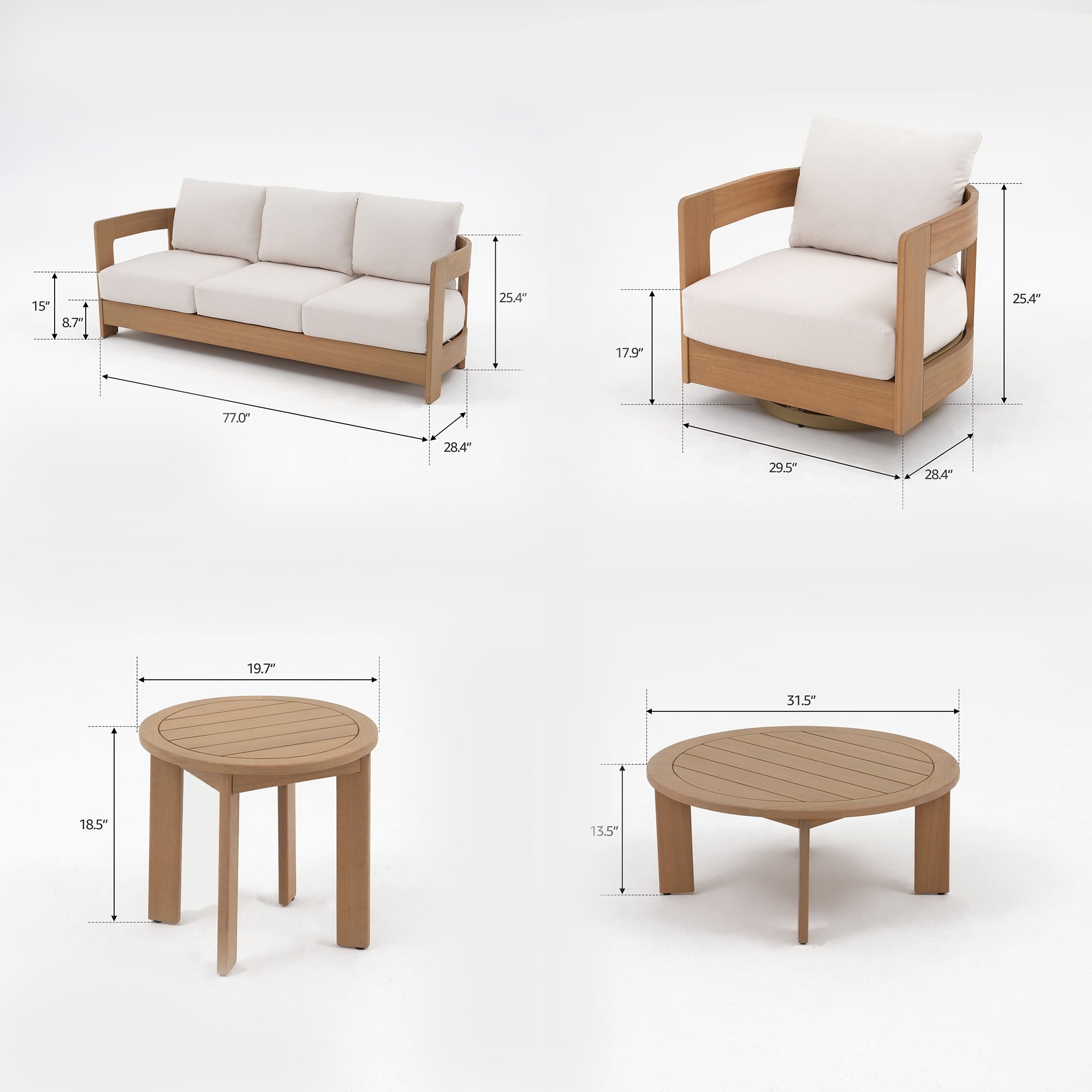 Sova Wood Outdoor Furniture Conversation Set with Swivel Chairs