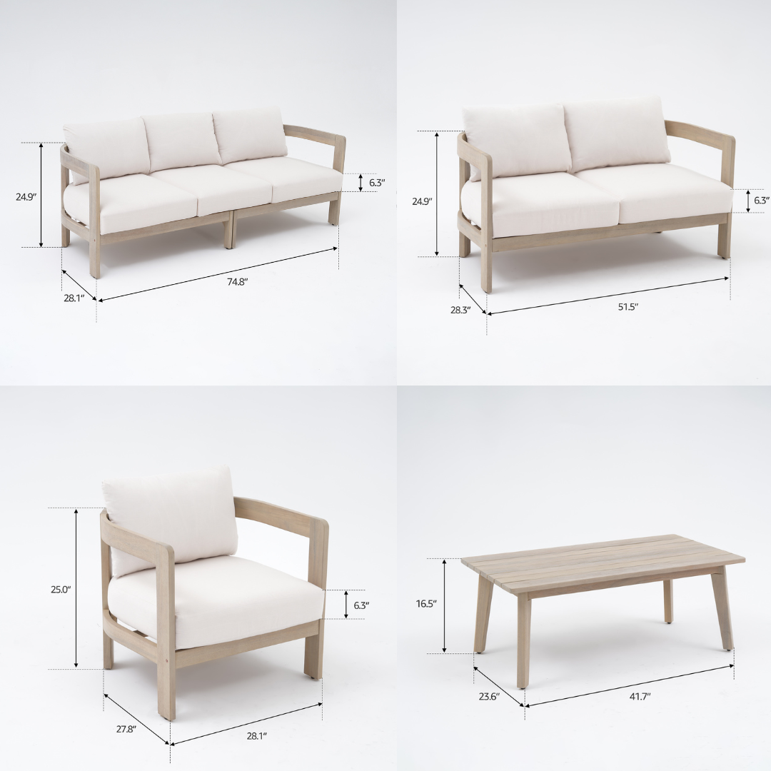 Cali 7 Seats Curved Acacia Lounge Set, Mixed Tables & 6.3" Thick Cushions