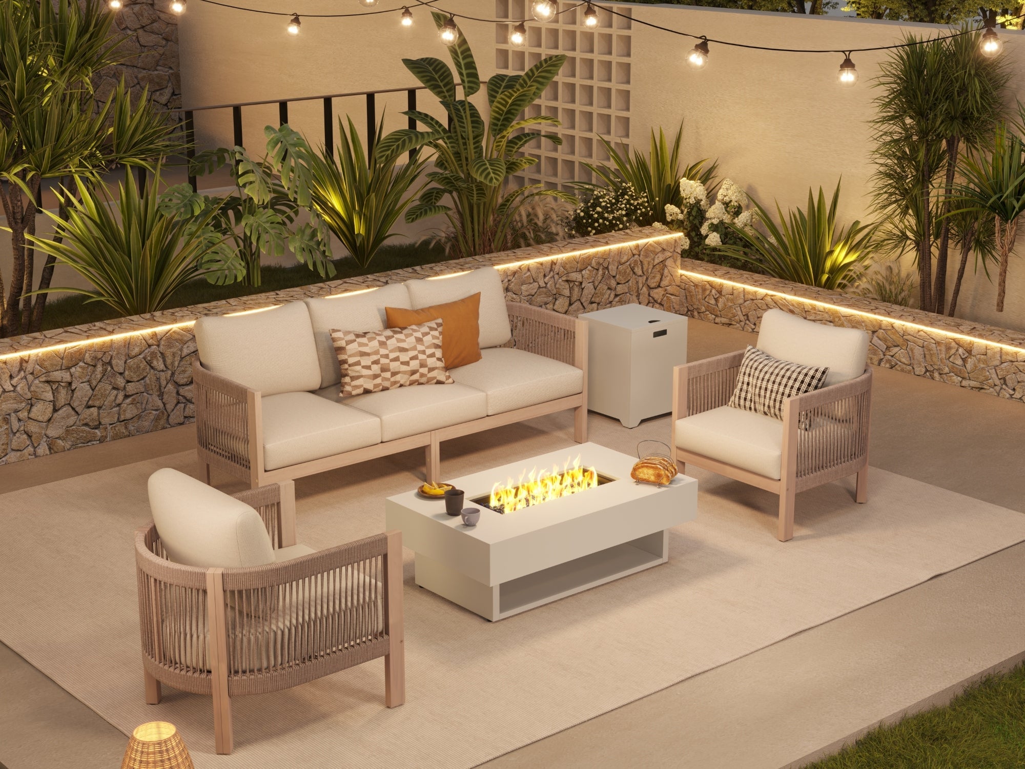 Foristern Wooden Outdoor Furniture Conversation Set with Fire Pit, 5-Seats